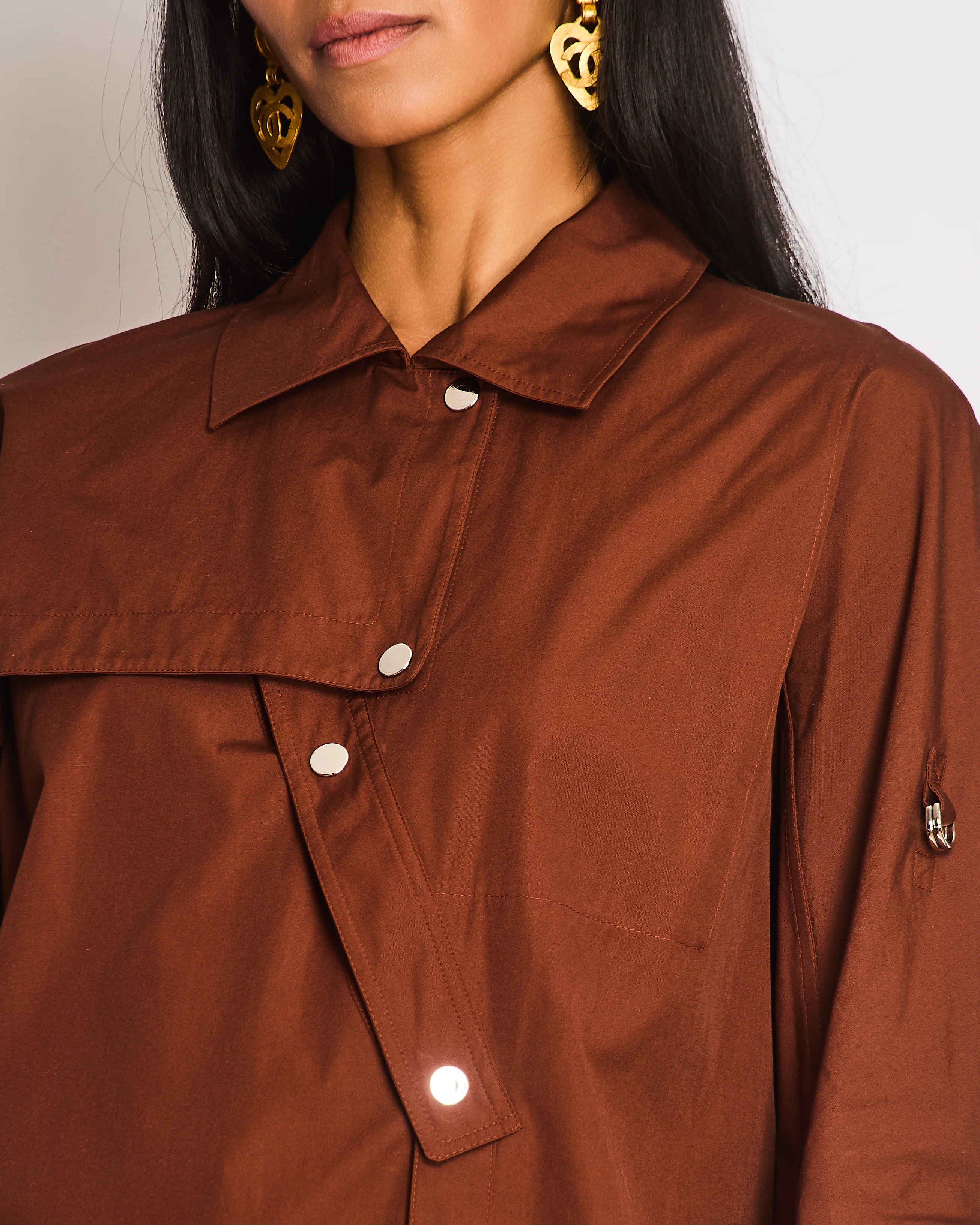 Hermes Brown Asymmetric Button Up Shirt with Overlap Collar Detail Size FR 34 (UK 6) - Image 3