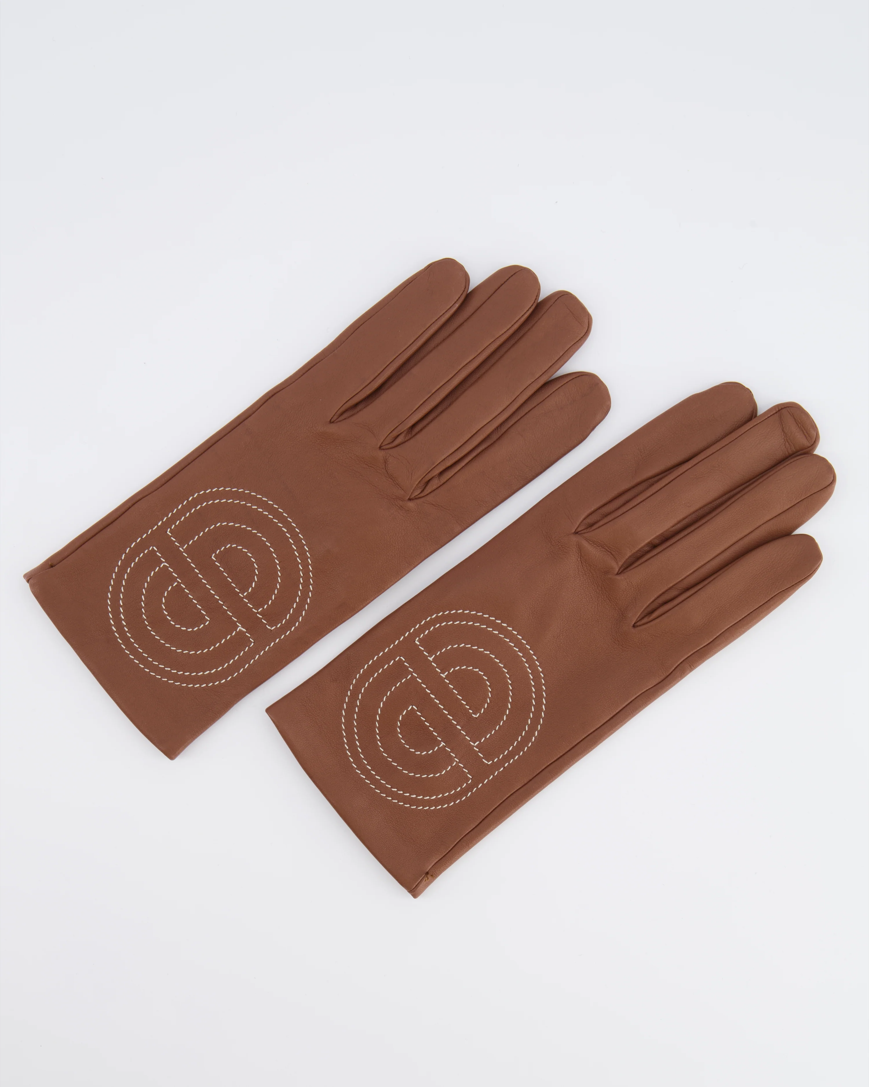 Hermès Brown Lambskin Gloves with Embroidered Detail Size 7 - Image 3