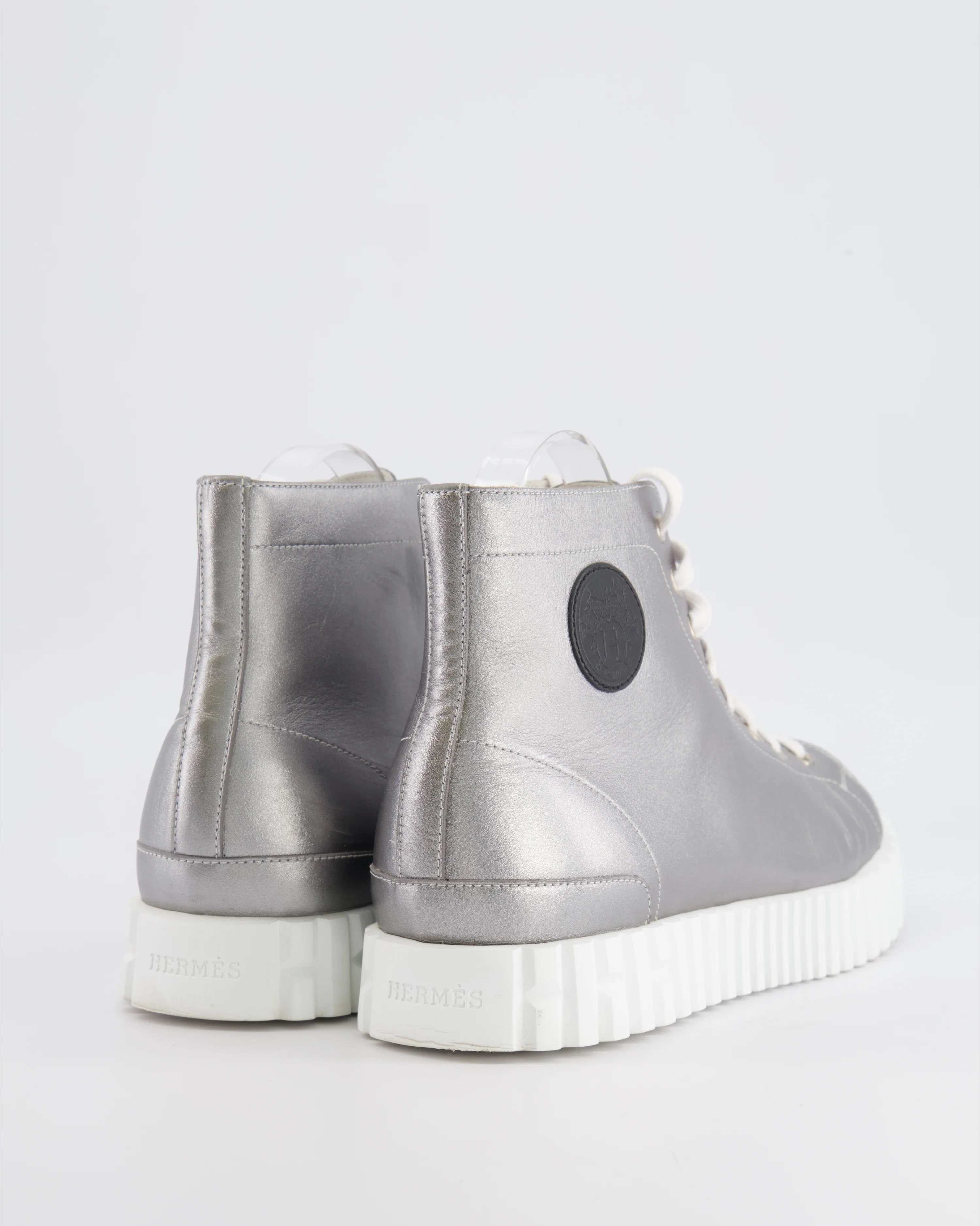 Hermès Climb High-Top Trainers in Silver Metallic Leather with White Rubber Platform Soles and Toecap with Black Logo Detail Size EU 39 RRP £790 - Image 3