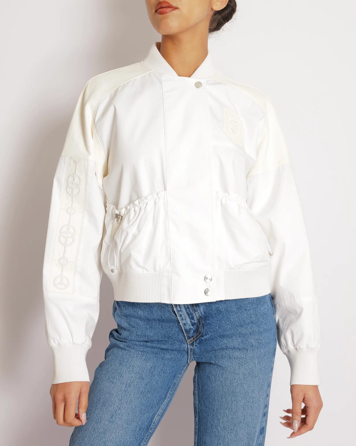 Hermès Spring 2022 Runway Cream Cliquetis Bomber Jacket with Leather and Logo Details Size FR 38 (UK 10)