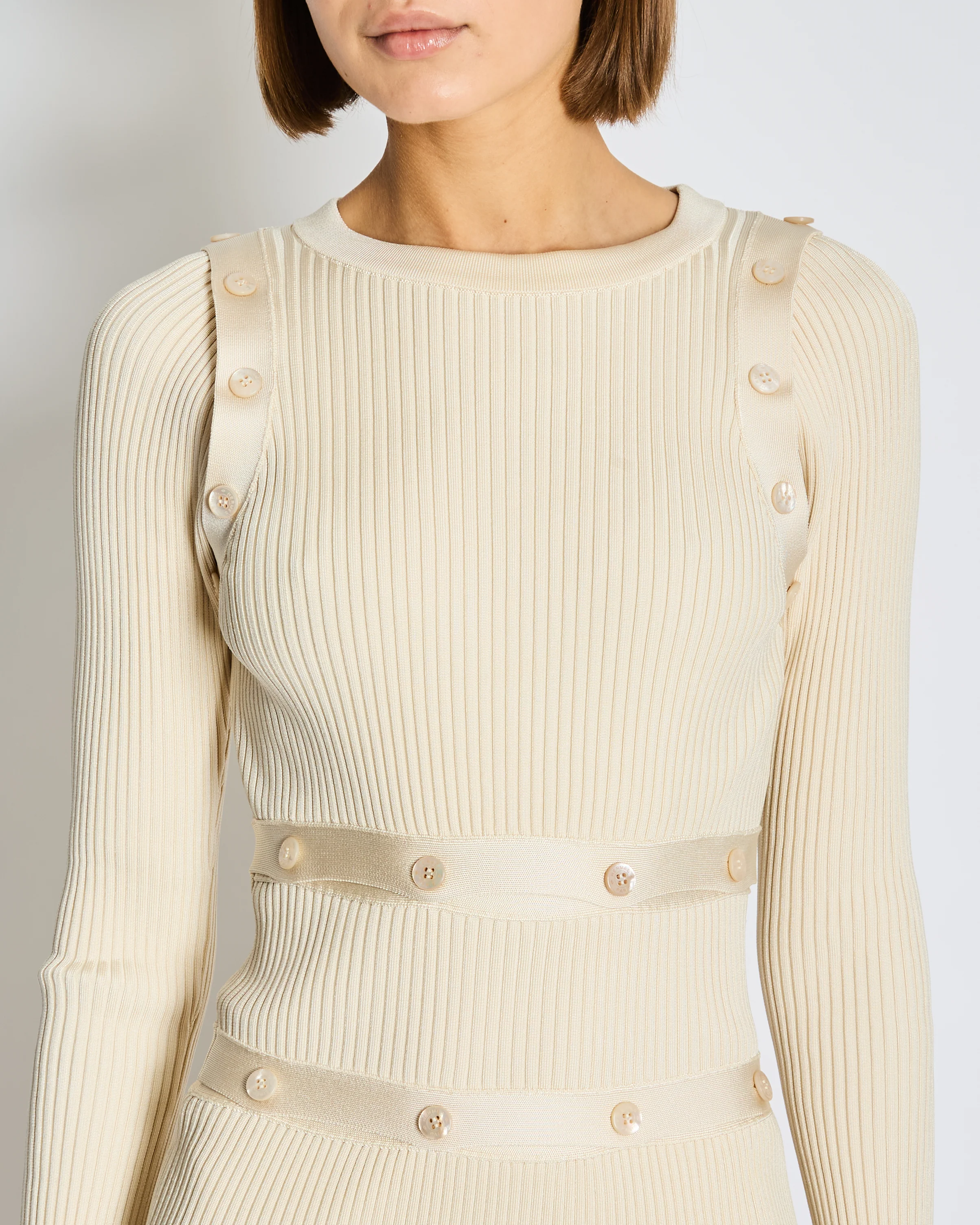 Hermès Cream Ribbed Knit Dress with Button Details Size FR 36 (UK 8) - Image 4