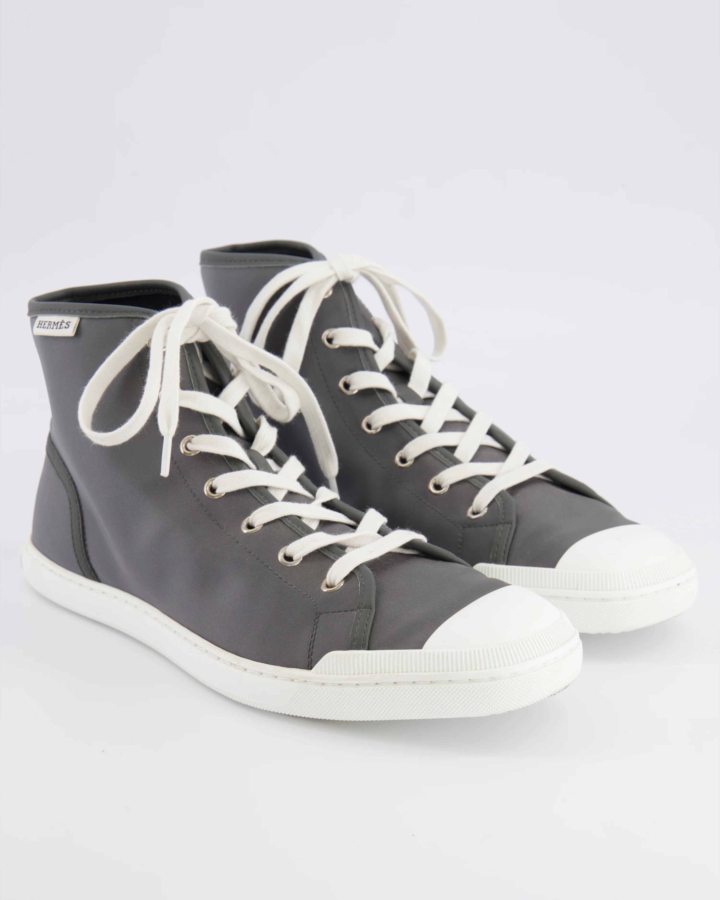 Hermès Grey Nylon and White Leather Express High-Top Sneakers Size EU 40 - Image 2