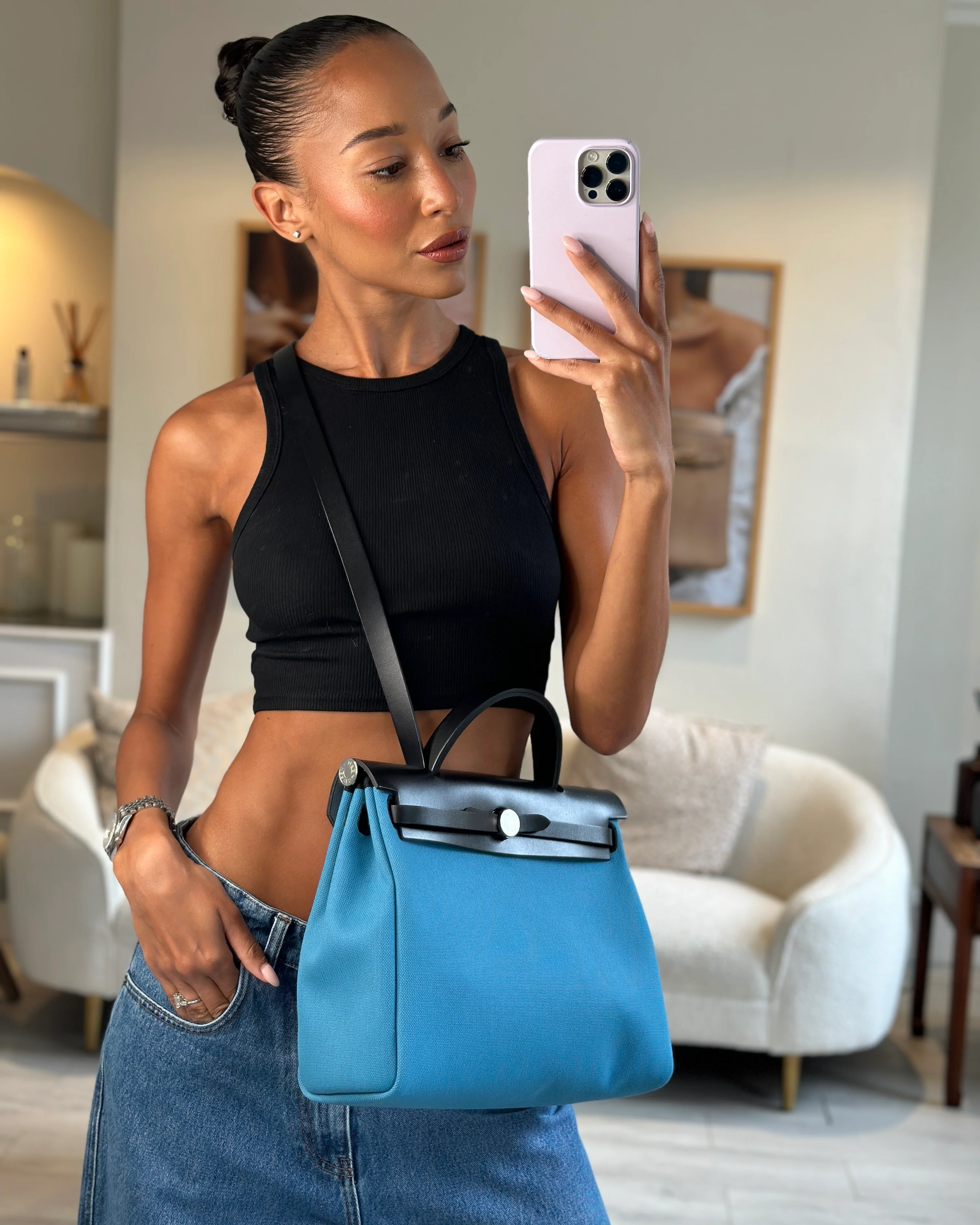 Hermès Herbag 31 Bag in Blue Jean Canvas and Noir Vache Hunter Leather with Palladium Hardware - Image 3