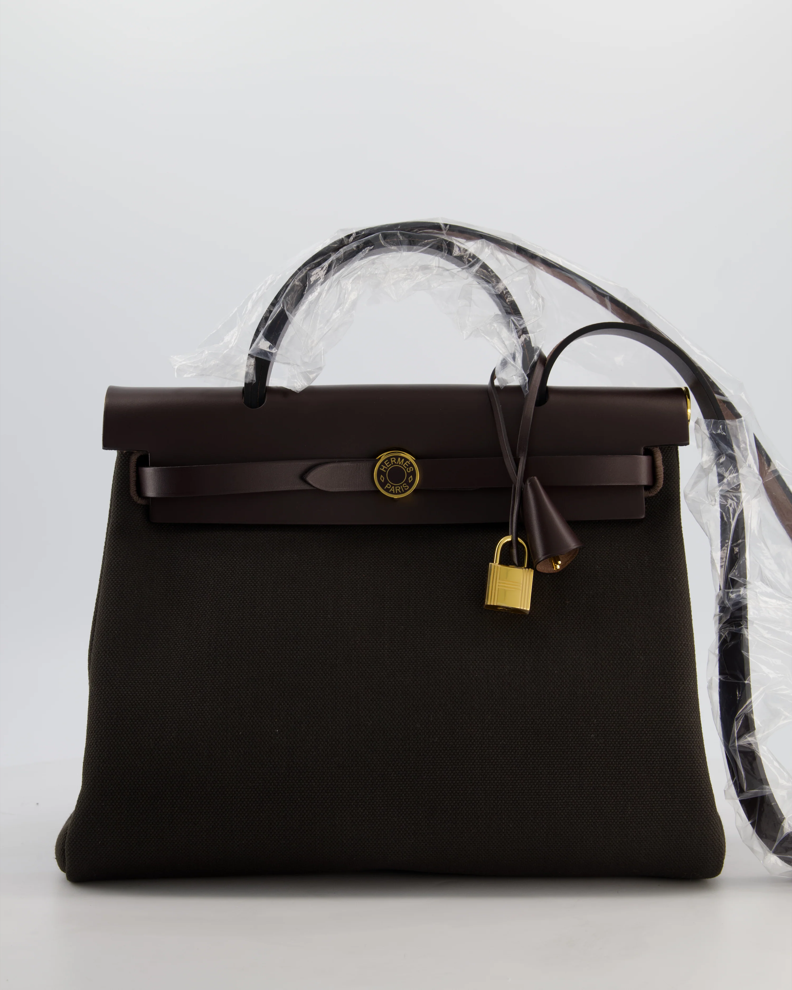 Hermès Herbag 31 Zip Bag in Dark Bronze in Toile Officier Canvas, and Ebene Vache Hunter Leather with Gold Hardware