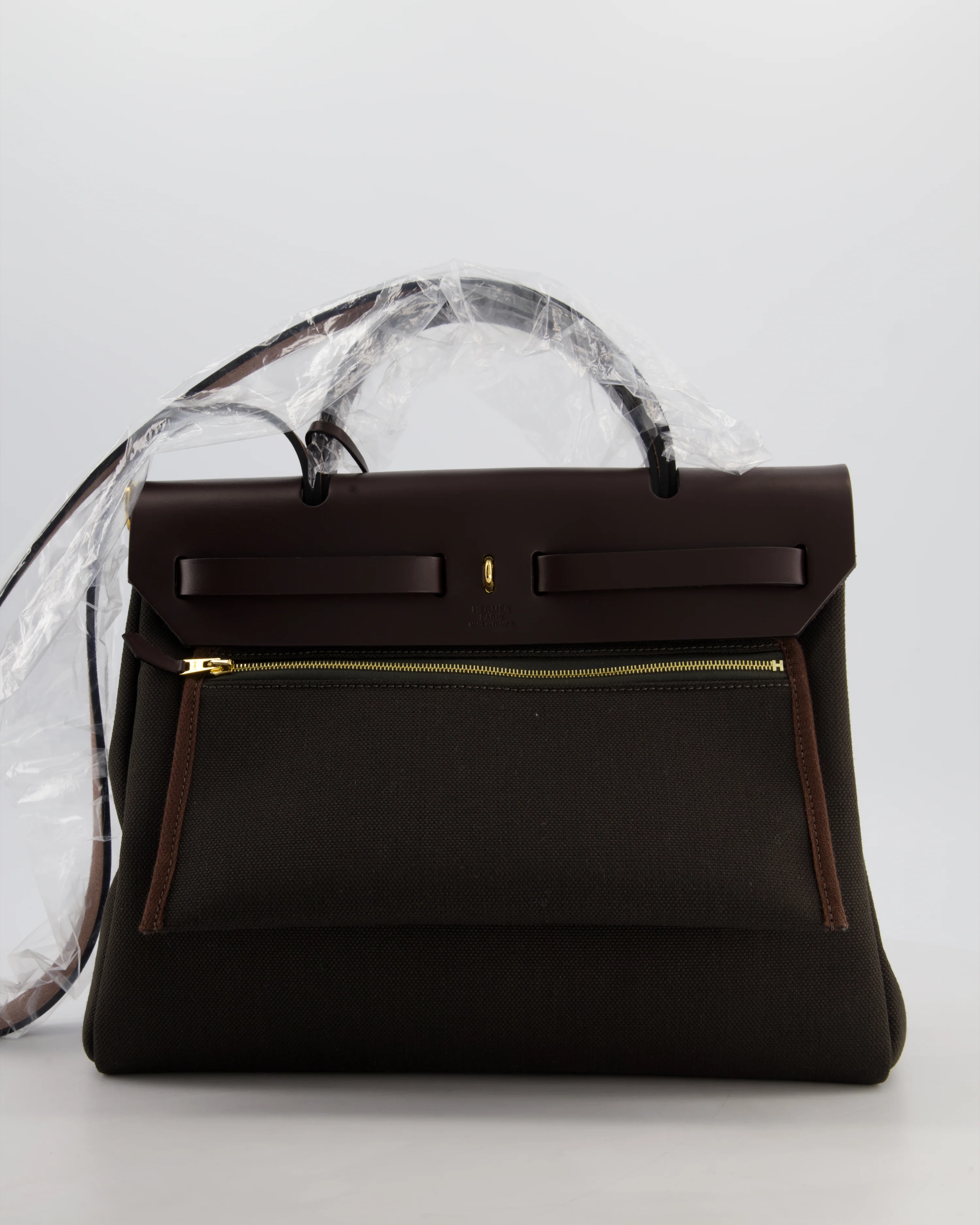 Hermès Herbag 31 Zip Bag in Dark Bronze in Toile Officier Canvas, and Ebene Vache Hunter Leather with Gold Hardware - Image 6