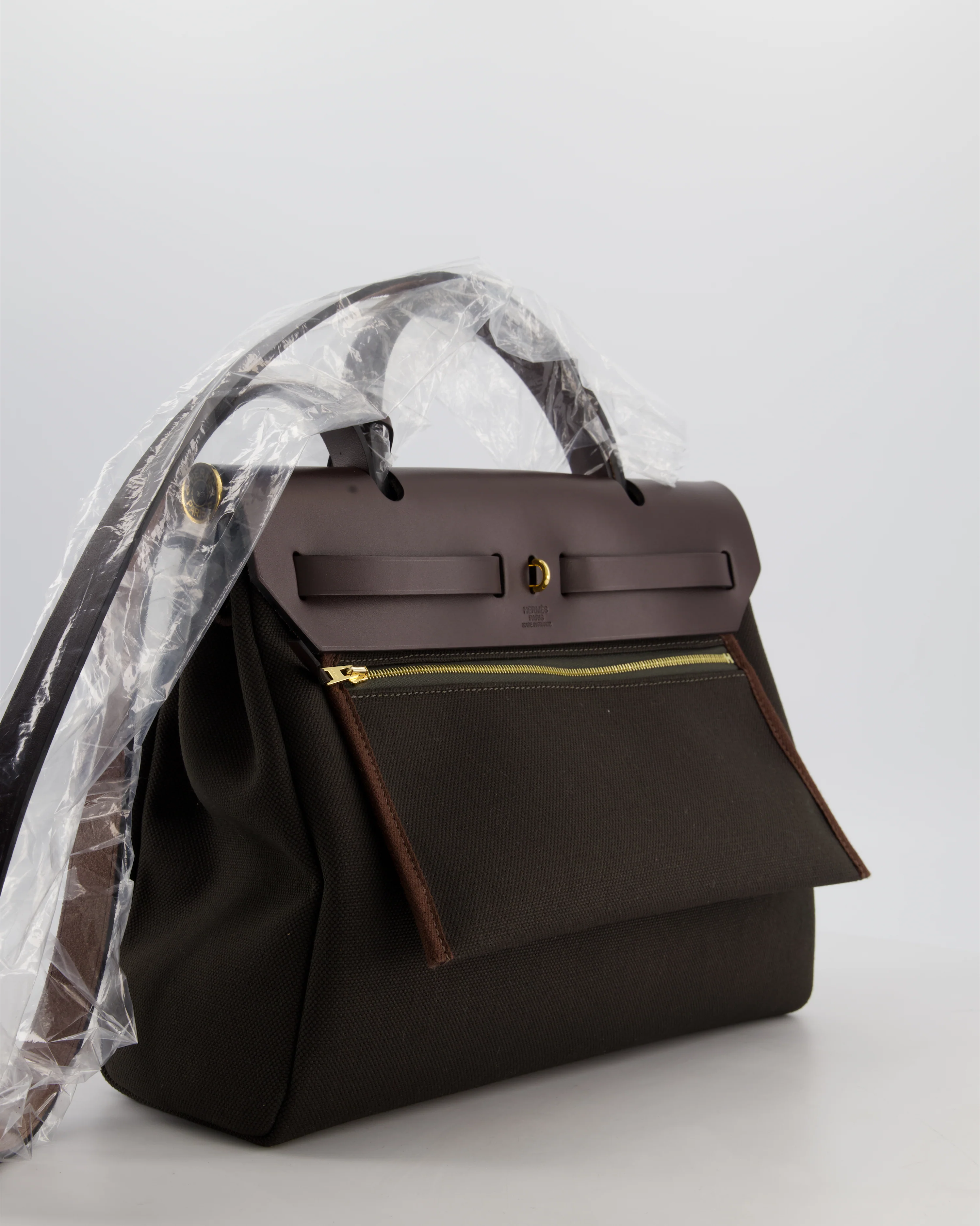 Hermès Herbag 31 Zip Bag in Dark Bronze in Toile Officier Canvas, and Ebene Vache Hunter Leather with Gold Hardware - Image 7