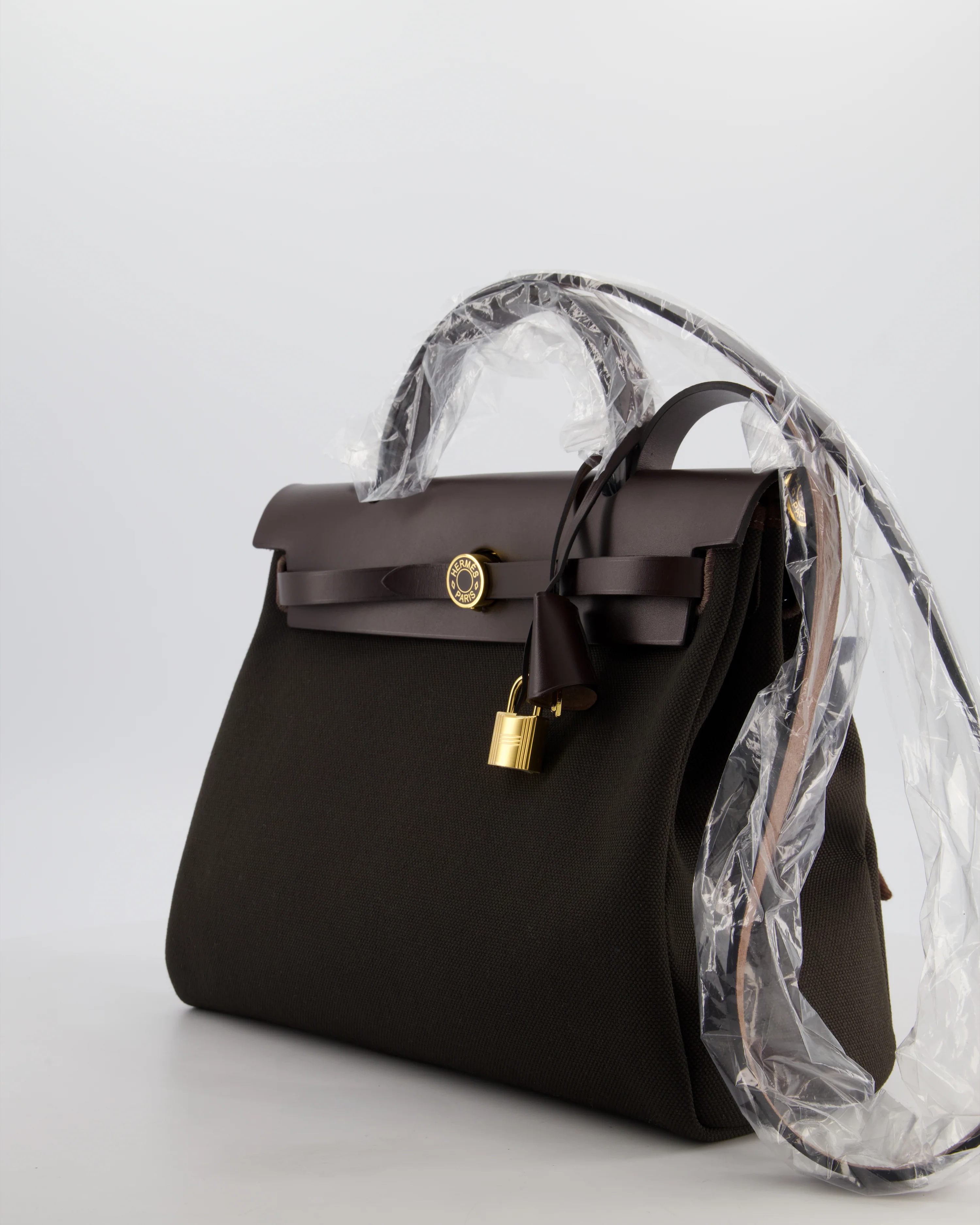 Hermès Herbag 31 Zip Bag in Dark Bronze in Toile Officier Canvas, and Ebene Vache Hunter Leather with Gold Hardware - Image 9