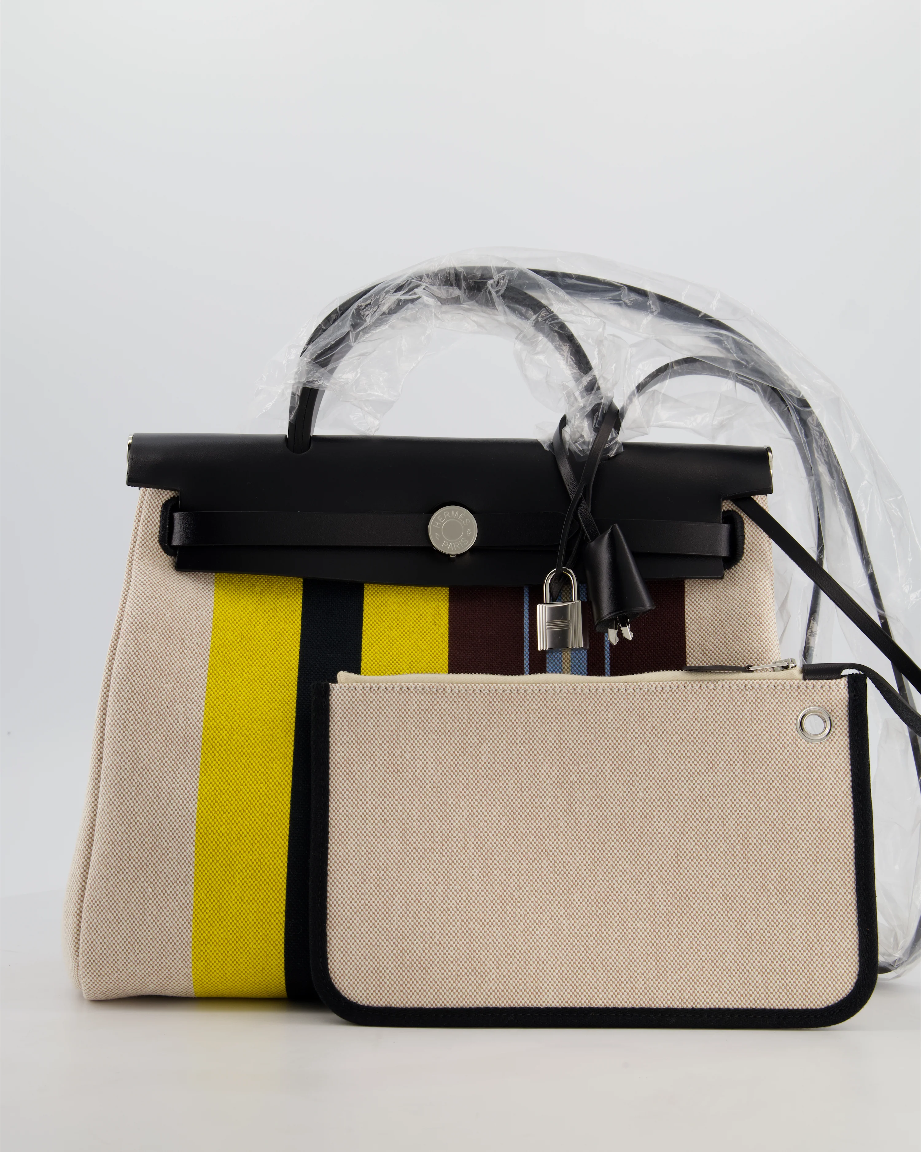Hermès Herbag 31 Zip Bag in Ecru, Beige, Jaune & Bordeaux Toile H Rayures Equipage Canvas, Noir Vache Hunter Leather with Palladium Hardware