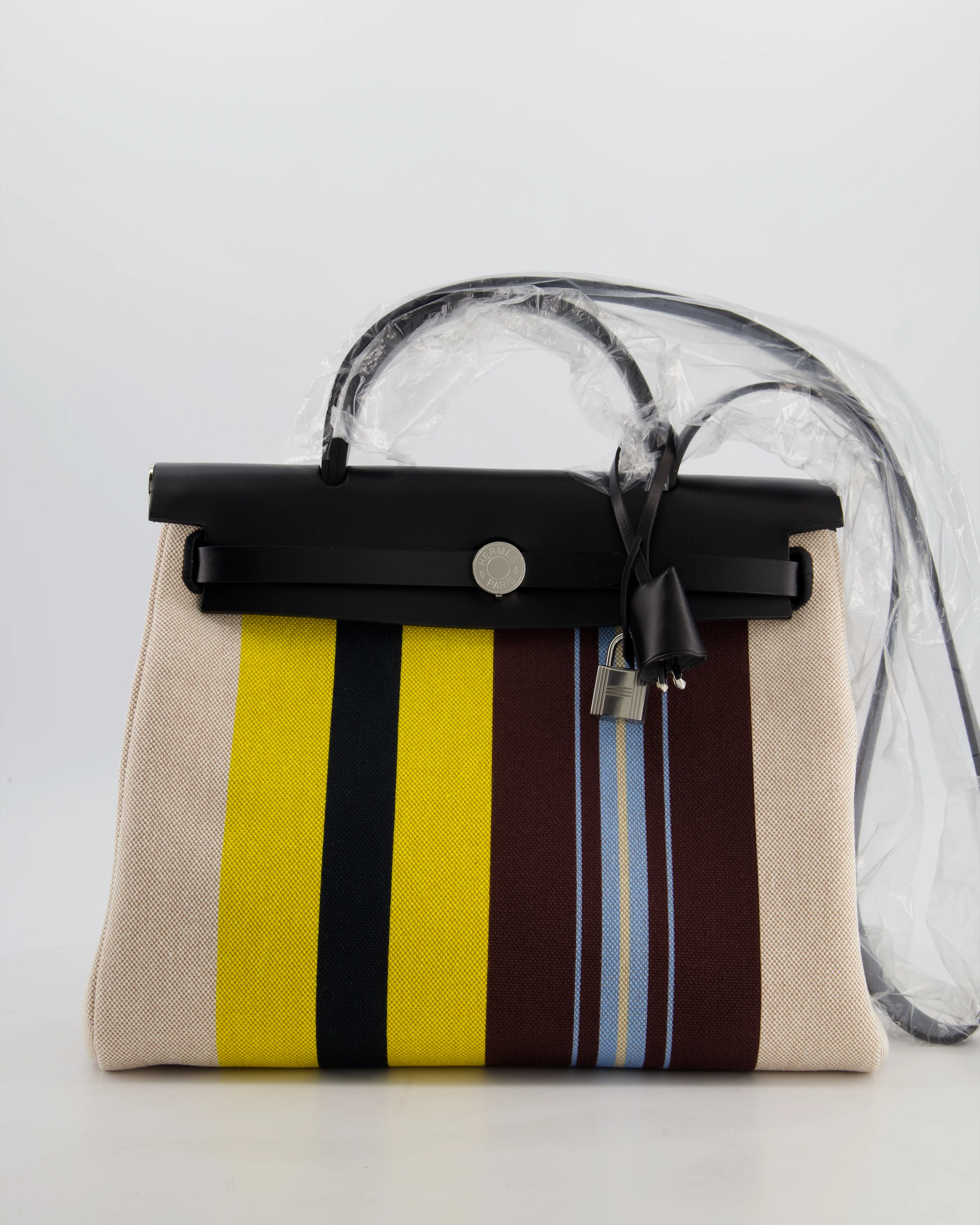 Hermès Herbag 31 Zip Bag in Ecru, Beige, Jaune & Bordeaux Toile H Rayures Equipage Canvas, Noir Vache Hunter Leather with Palladium Hardware - Image 2