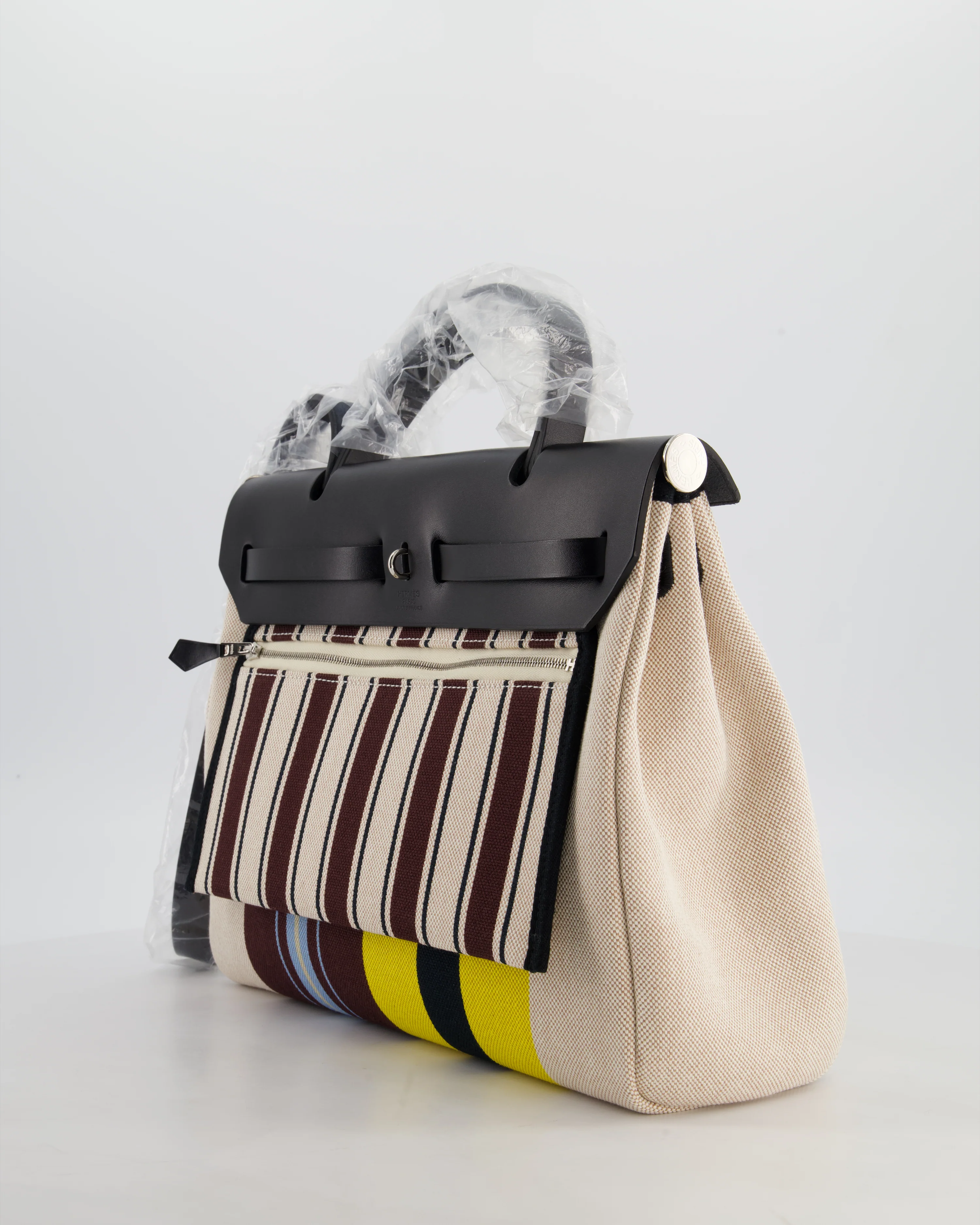 Hermès Herbag 31 Zip Bag in Ecru, Beige, Jaune & Bordeaux Toile H Rayures Equipage Canvas, Noir Vache Hunter Leather with Palladium Hardware - Image 6