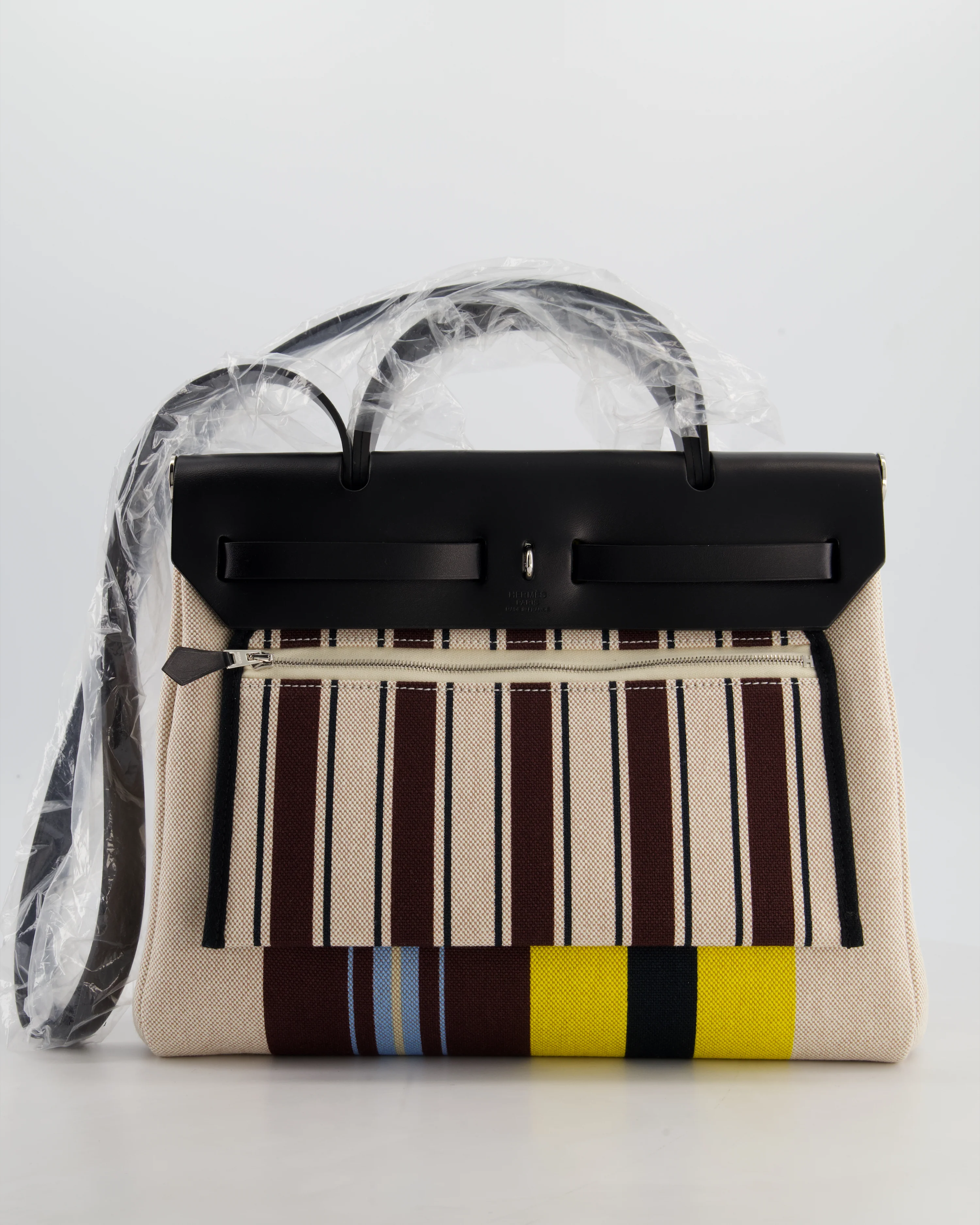 Hermès Herbag 31 Zip Bag in Ecru, Beige, Jaune & Bordeaux Toile H Rayures Equipage Canvas, Noir Vache Hunter Leather with Palladium Hardware - Image 7