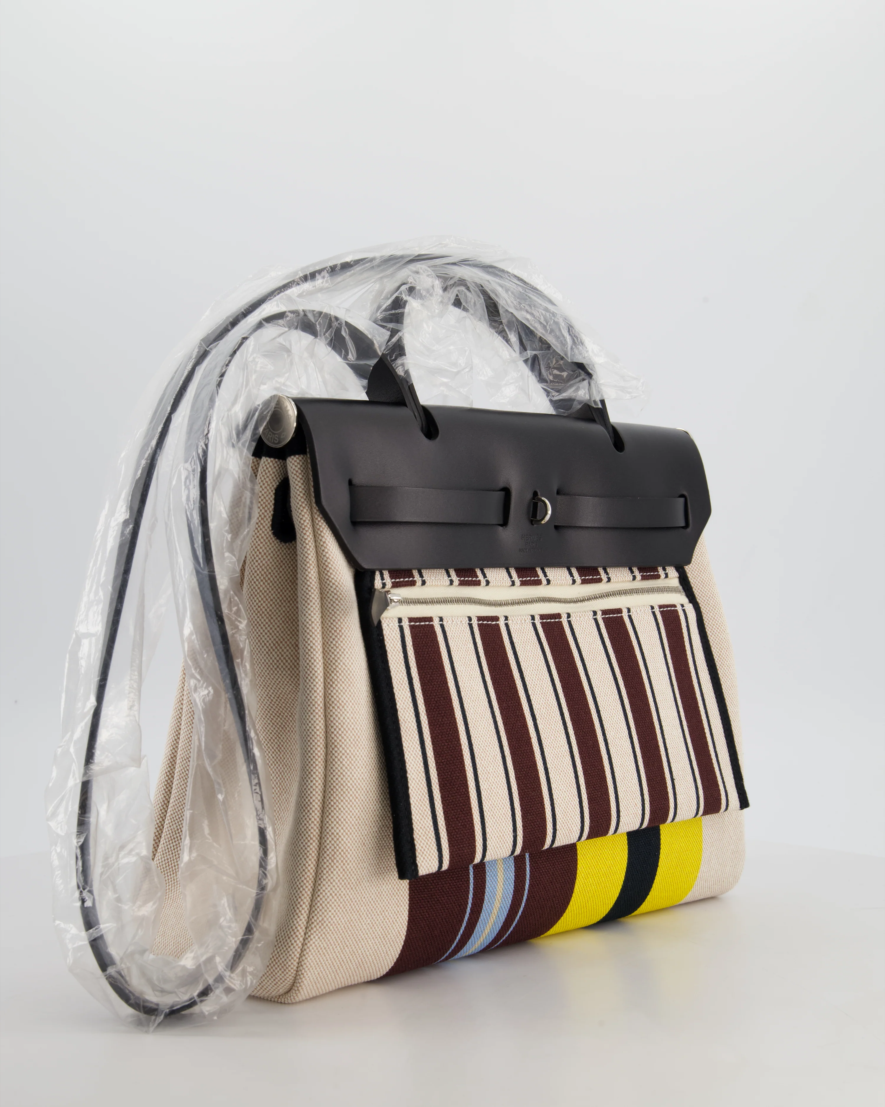 Hermès Herbag 31 Zip Bag in Ecru, Beige, Jaune & Bordeaux Toile H Rayures Equipage Canvas, Noir Vache Hunter Leather with Palladium Hardware - Image 8