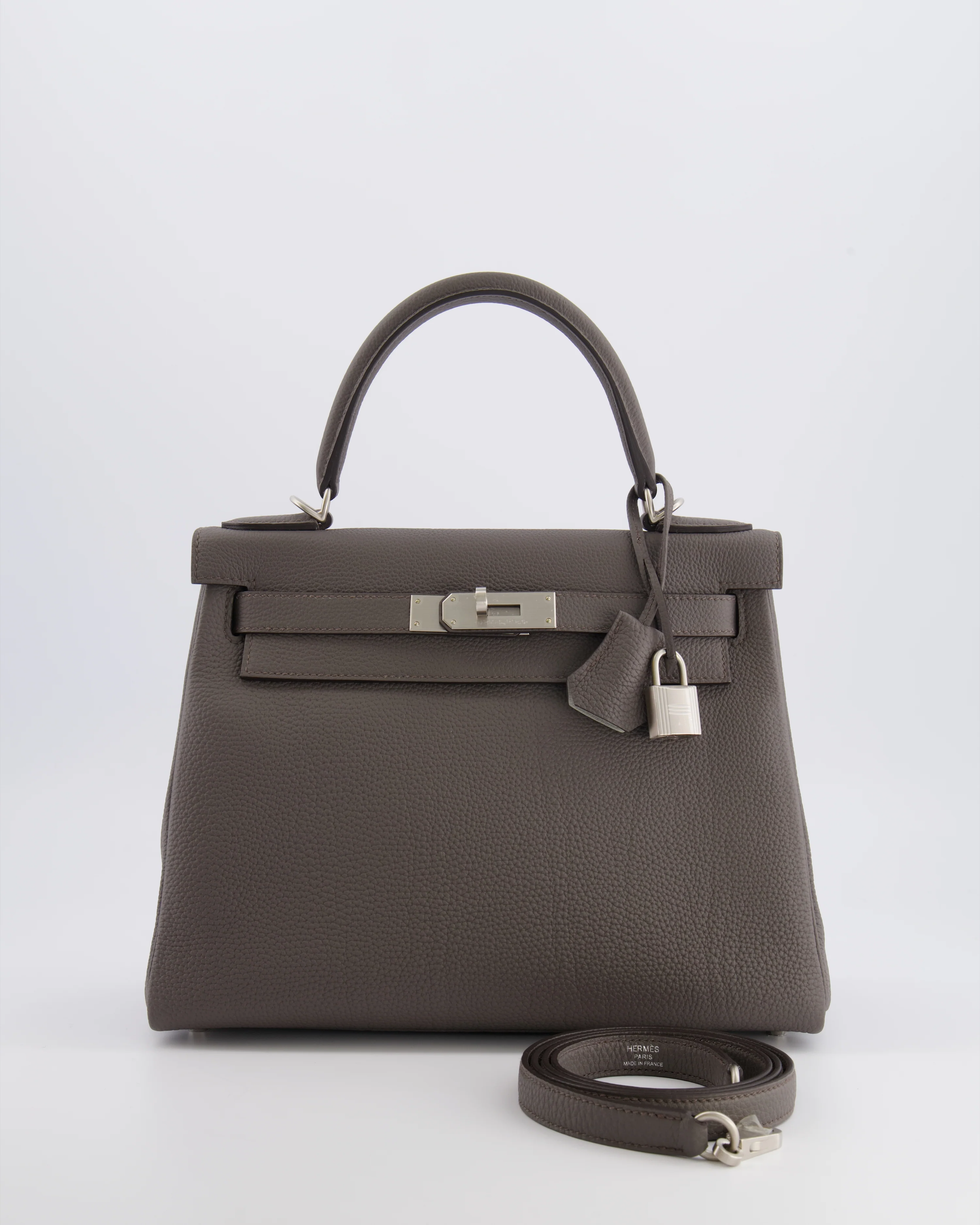 Hermès Kelly 28 Retourne HSS Bag in Gris Etain Togo Leather with Gris Perle Interior and Brushed Palladium Hardware