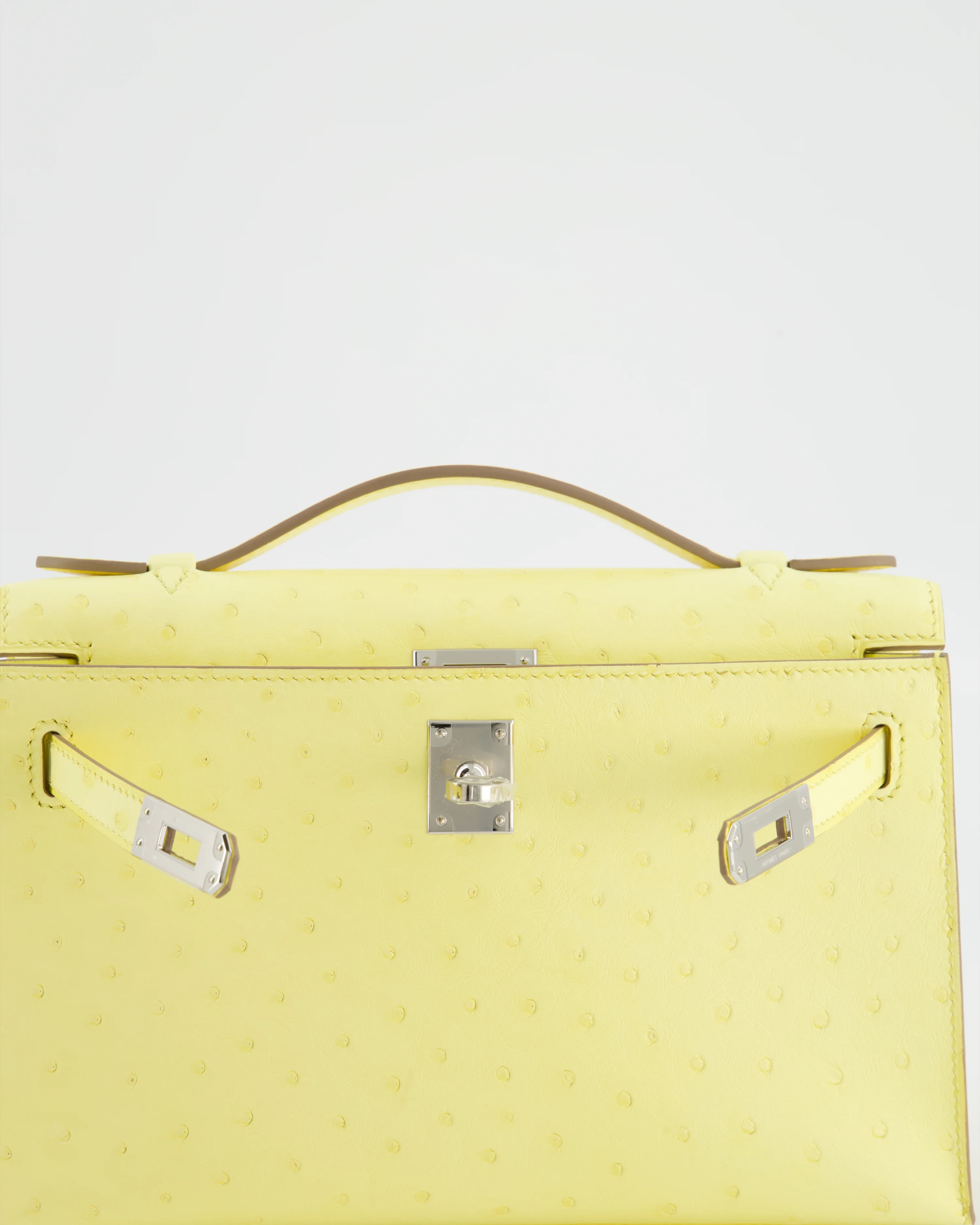 Hermès Kelly Pochette Bag in Limoncello Ostrich Leather with Palladium Hardware - Image 17