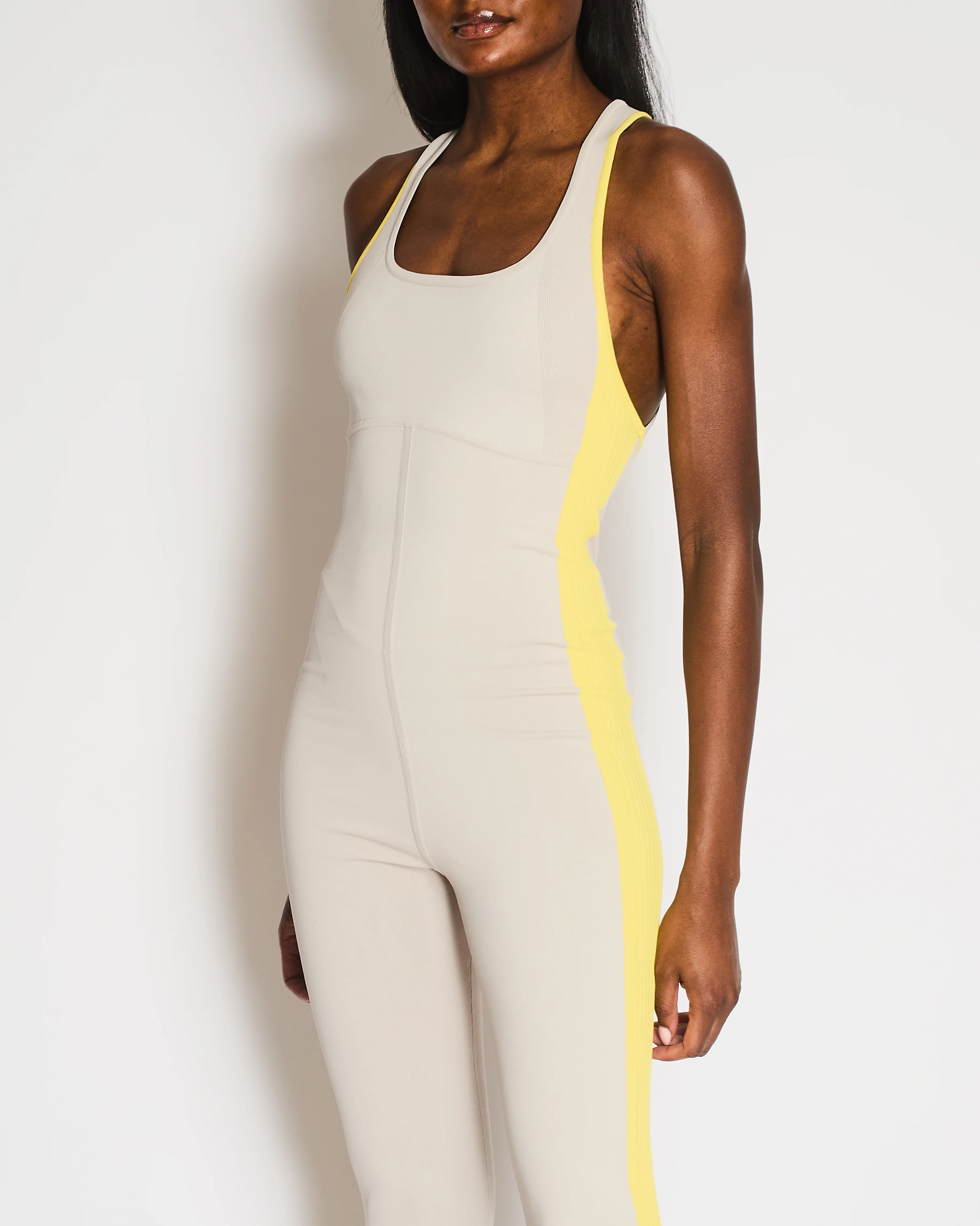 Hermès Light Grey Yoga Jumpsuit with Yellow Ribbed Bands and Crossover Back Detail Size S (UK 8) RRP £1,190 - Image 3