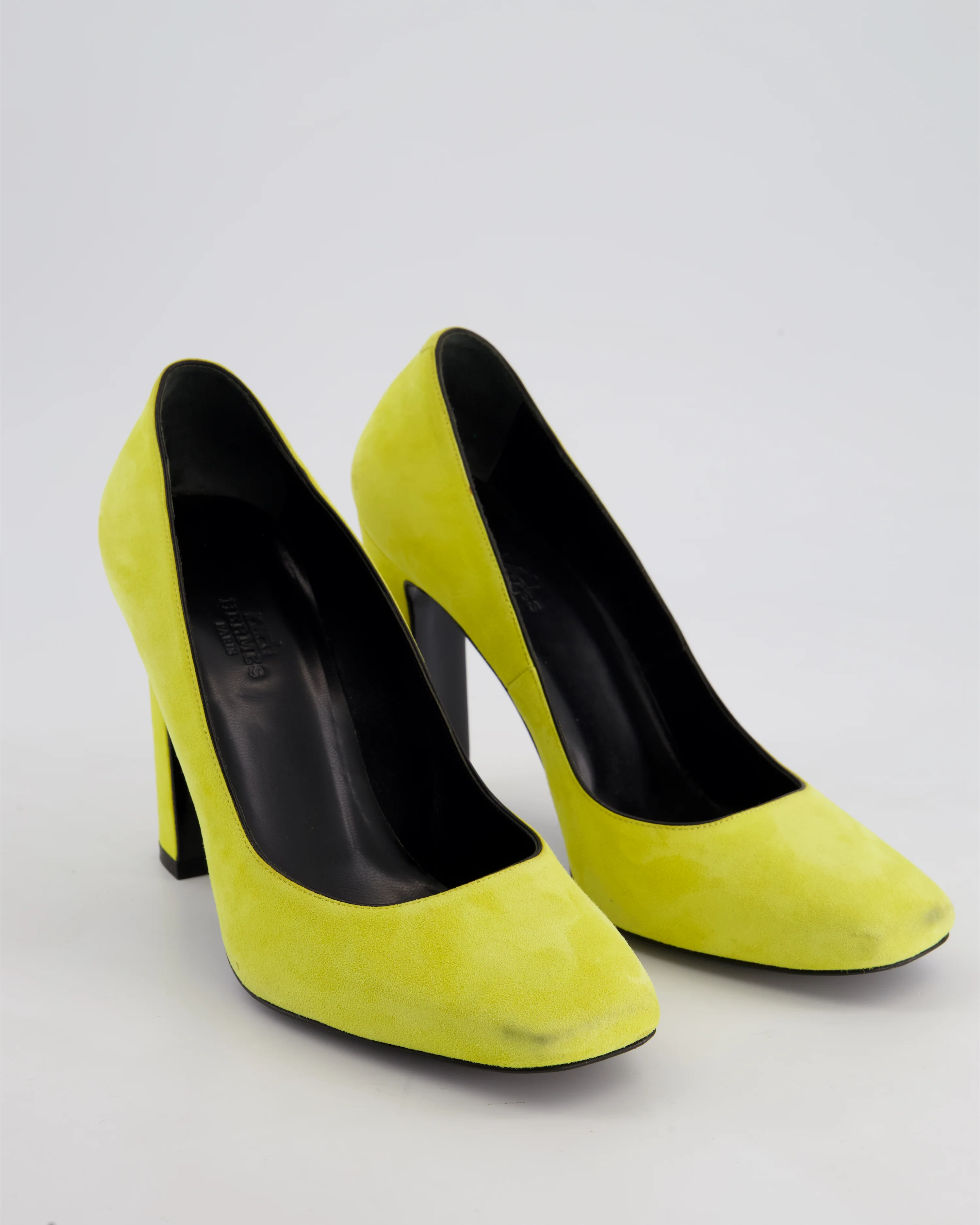 Hermès Lime Yellow Suede Squared Toe Heels Size EU 37.5 - Image 2