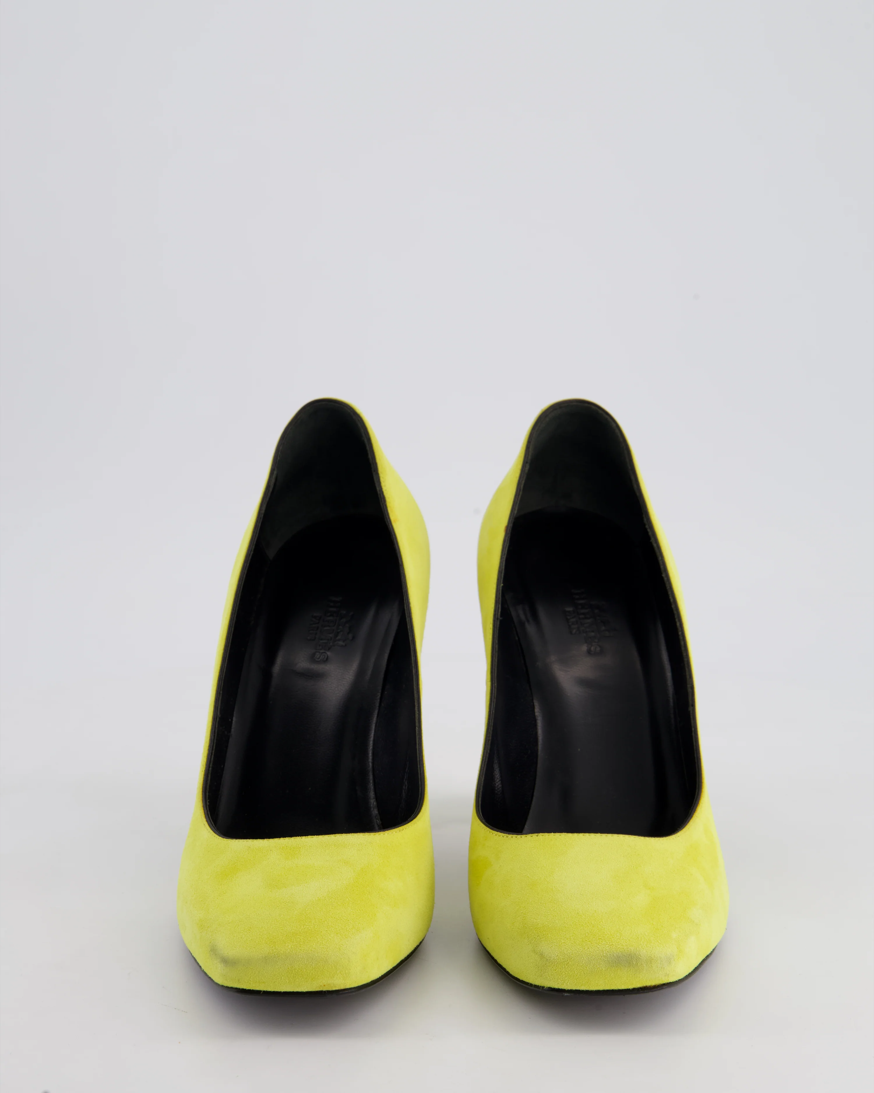 Hermès Lime Yellow Suede Squared Toe Heels Size EU 37.5 - Image 4