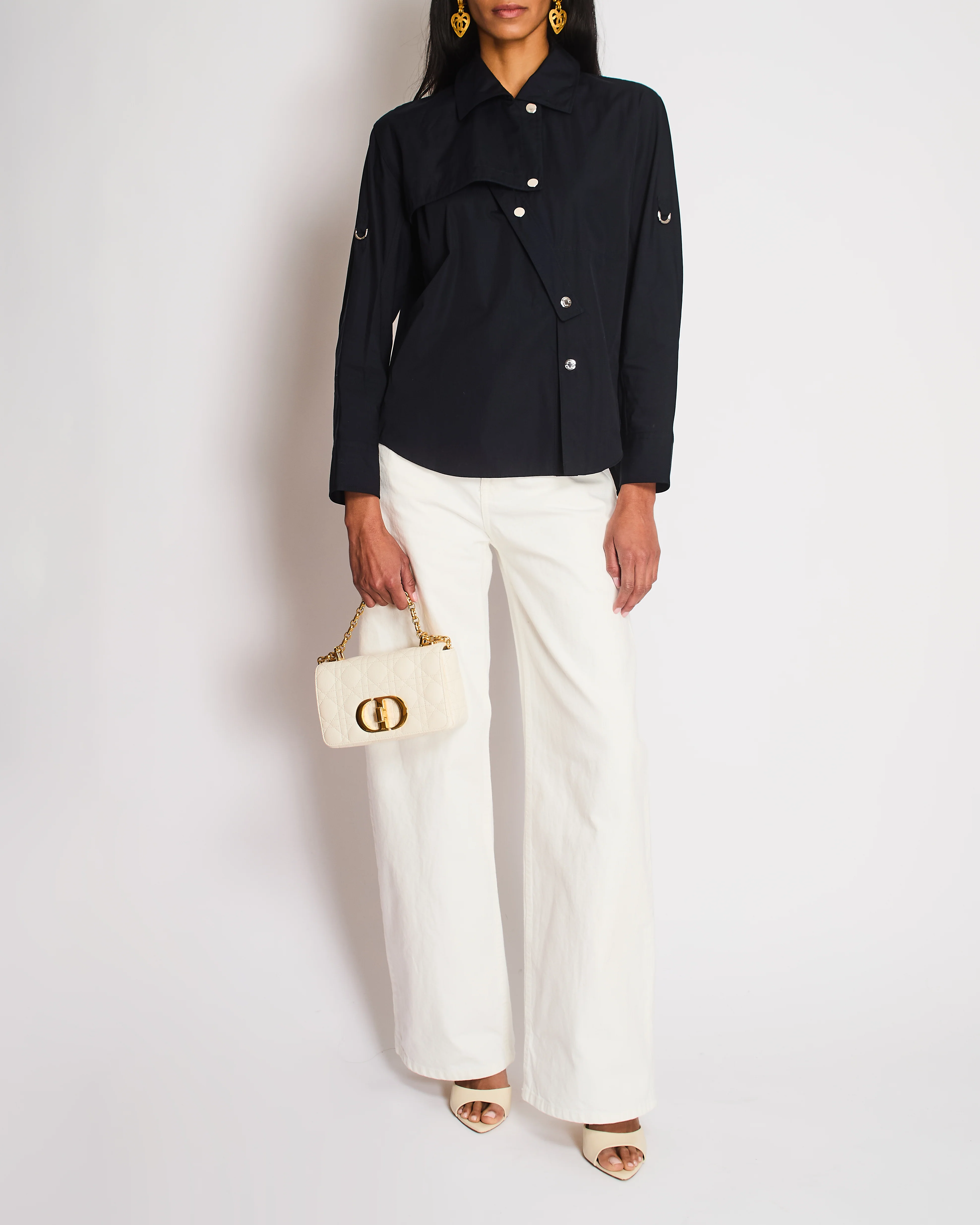 Hermes Navy Asymmetric Button Up Shirt with Overlap Collar Detail Size FR 34 (UK 6)