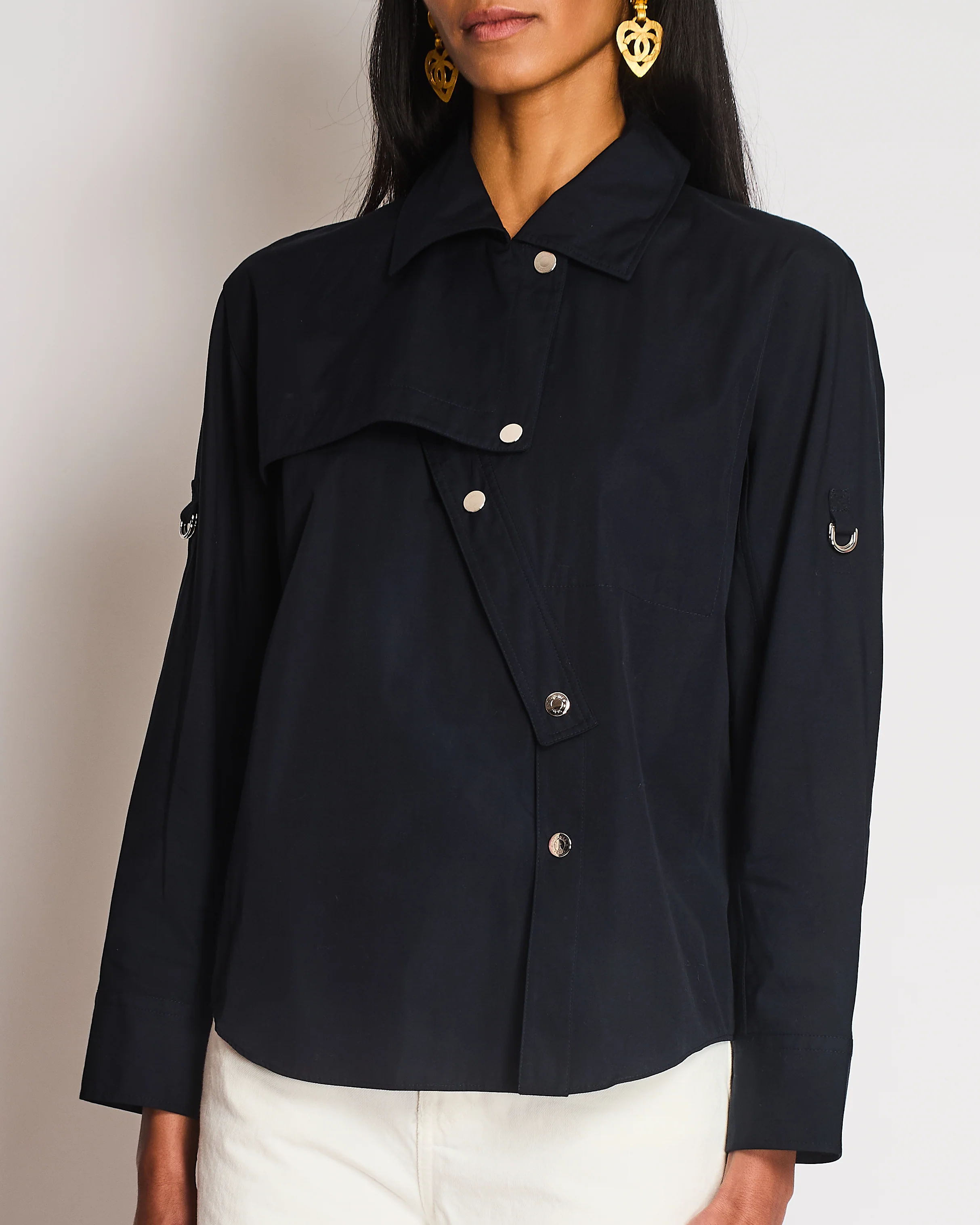 Hermes Navy Asymmetric Button Up Shirt with Overlap Collar Detail Size FR 34 (UK 6) - Image 2