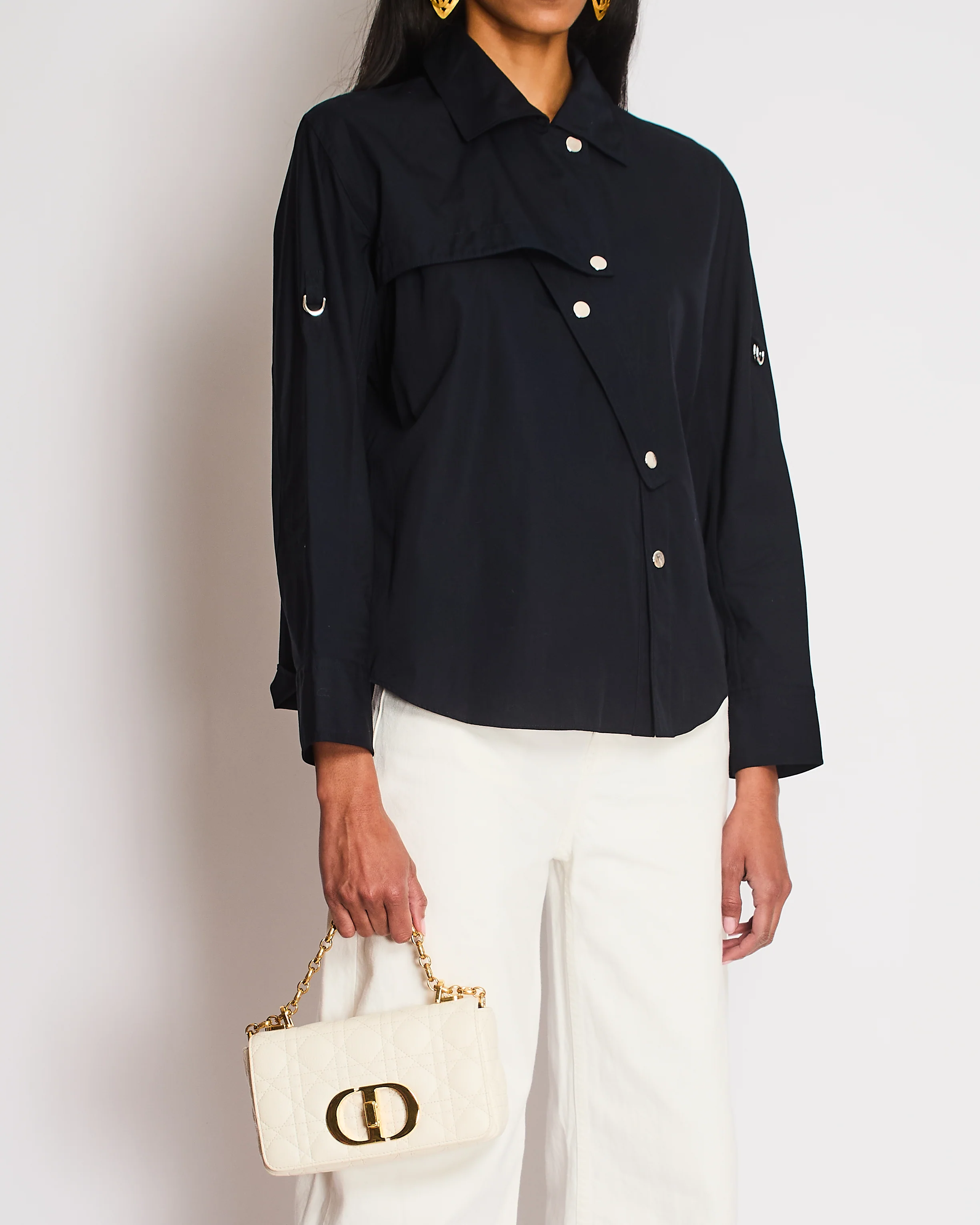 Hermes Navy Asymmetric Button Up Shirt with Overlap Collar Detail Size FR 34 (UK 6) - Image 3