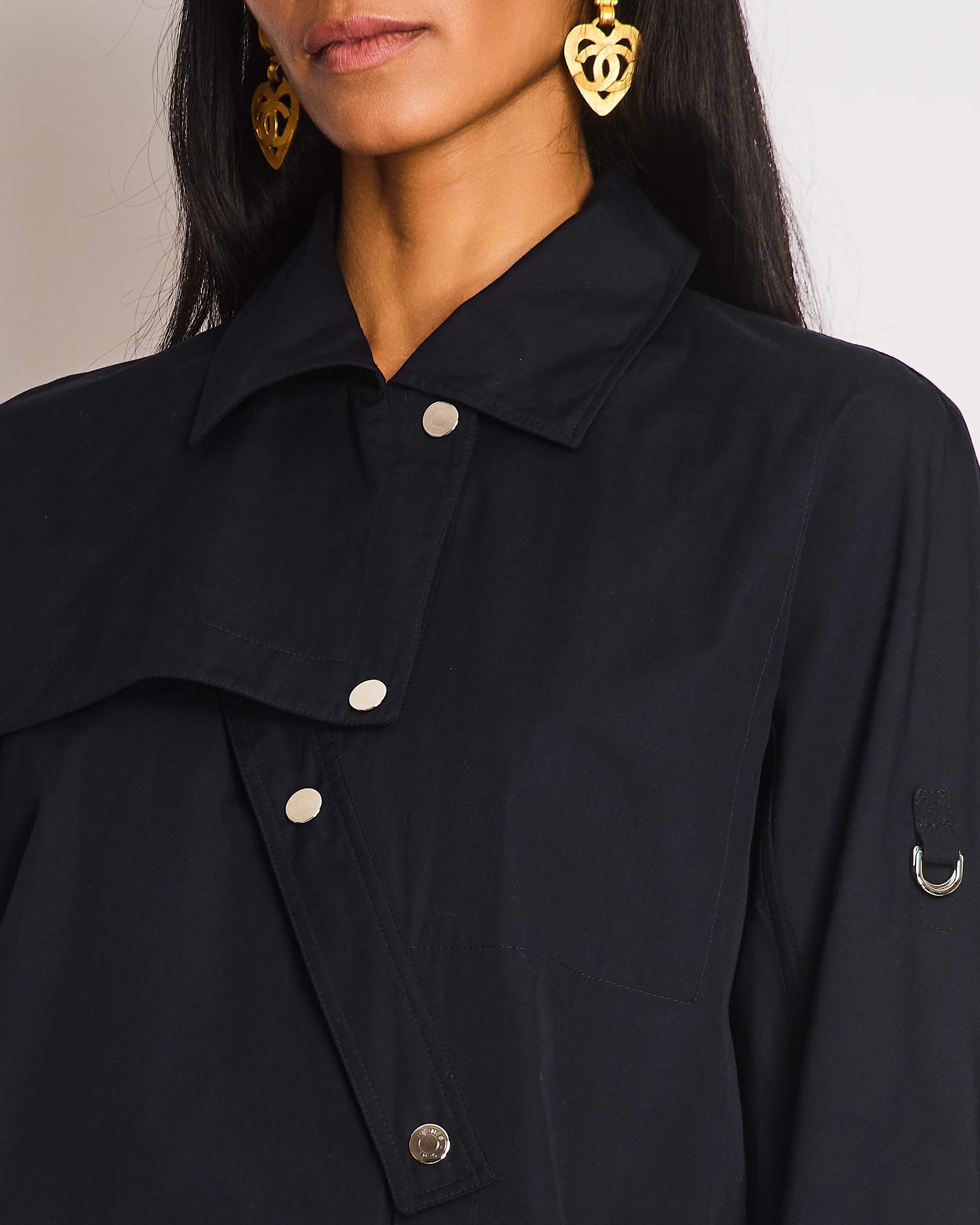 Hermes Navy Asymmetric Button Up Shirt with Overlap Collar Detail Size FR 34 (UK 6) - Image 4