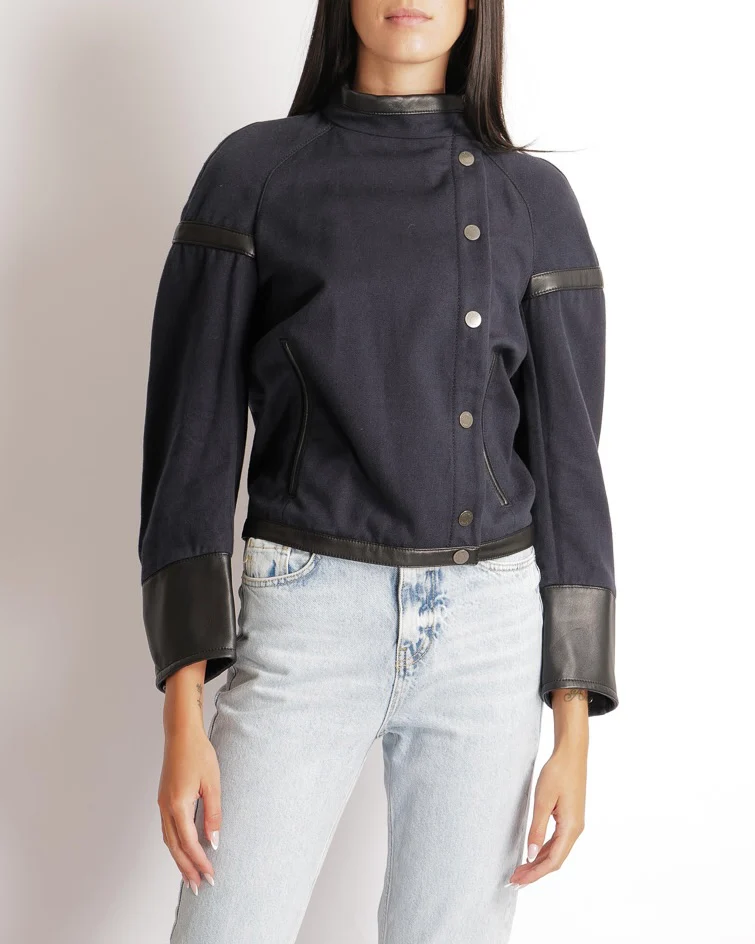 Hermès Navy Jacket with Black Leather Inserts and Logo Buttons Size FR 34 (UK 6) RRP £6,500