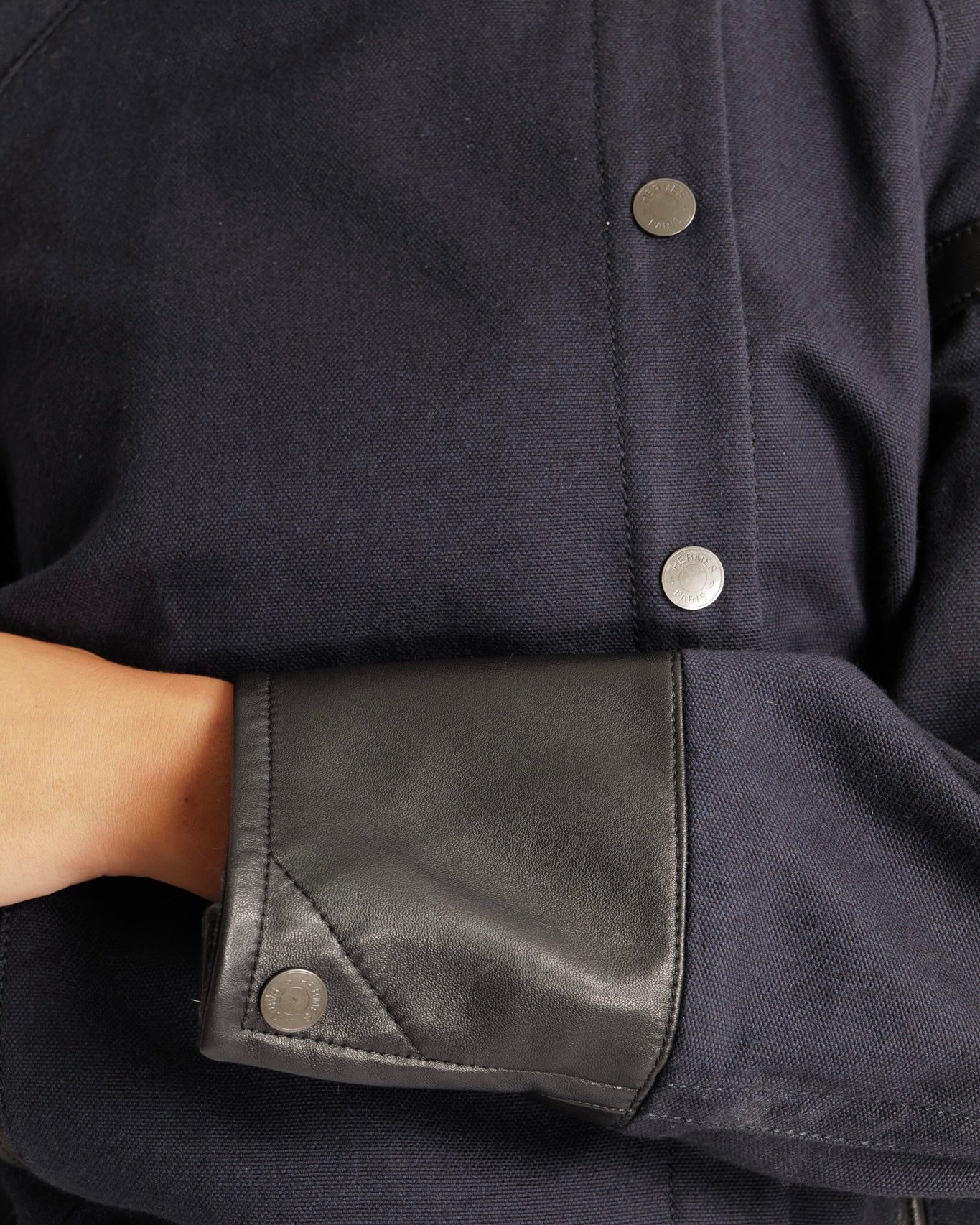 Hermès Navy Jacket with Black Leather Inserts and Logo Buttons Size FR 34 (UK 6) RRP £6,500 - Image 2