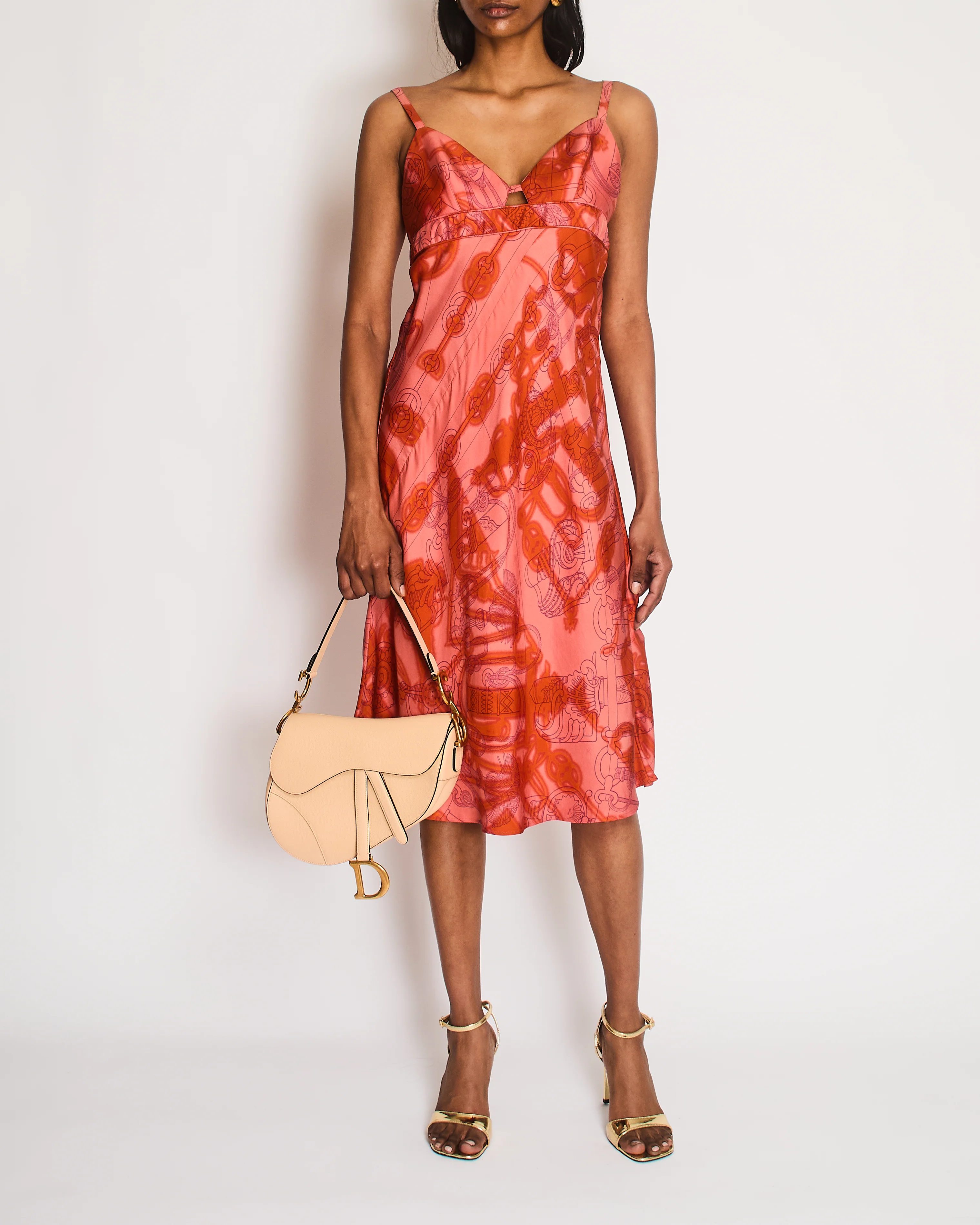 Hermès Orange and Pink Silk Midi Dress with Chain Link Print and Front Cut-Out Detail Size FR 38 (UK 10)