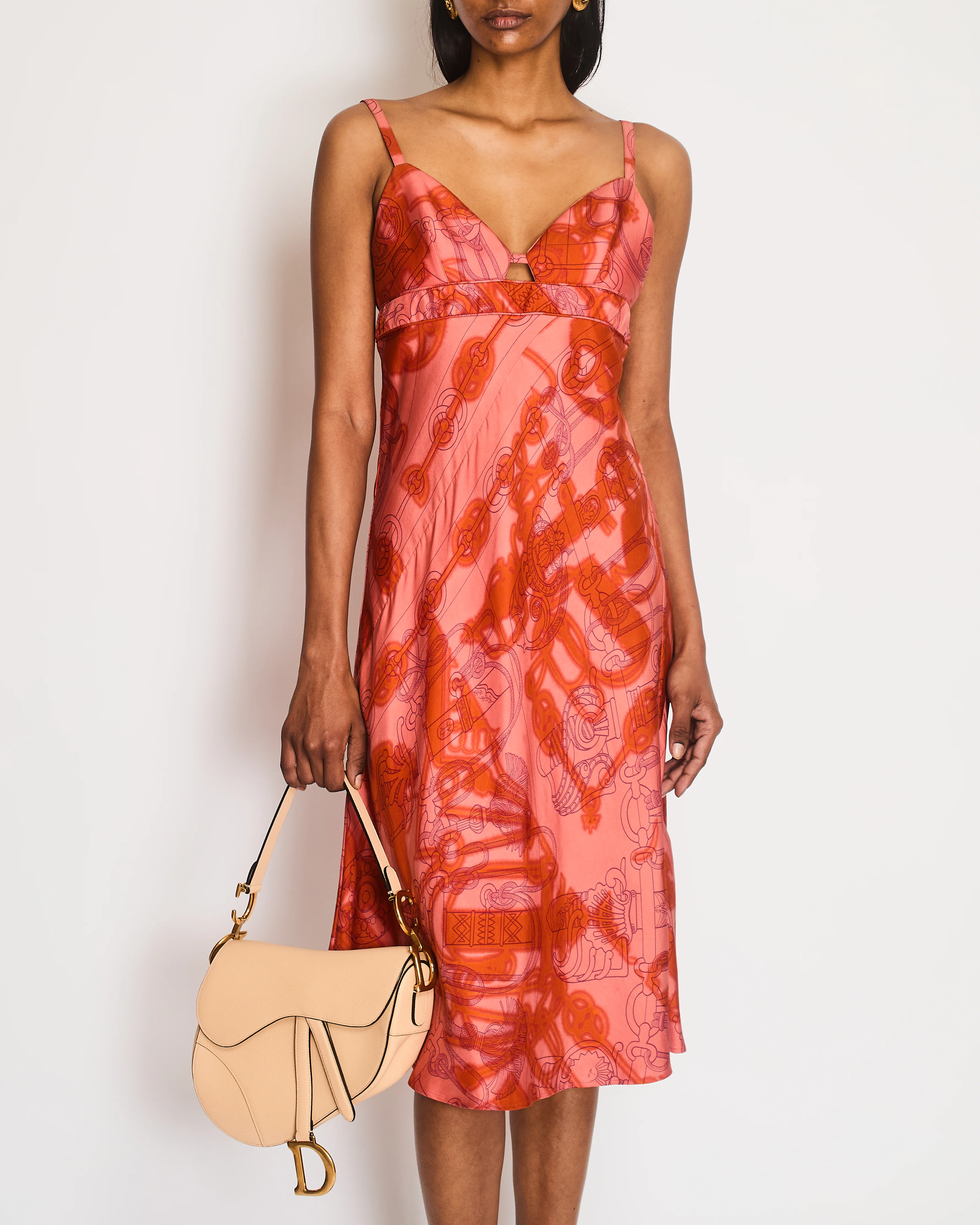 Hermès Orange and Pink Silk Midi Dress with Chain Link Print and Front Cut-Out Detail Size FR 38 (UK 10) - Image 2