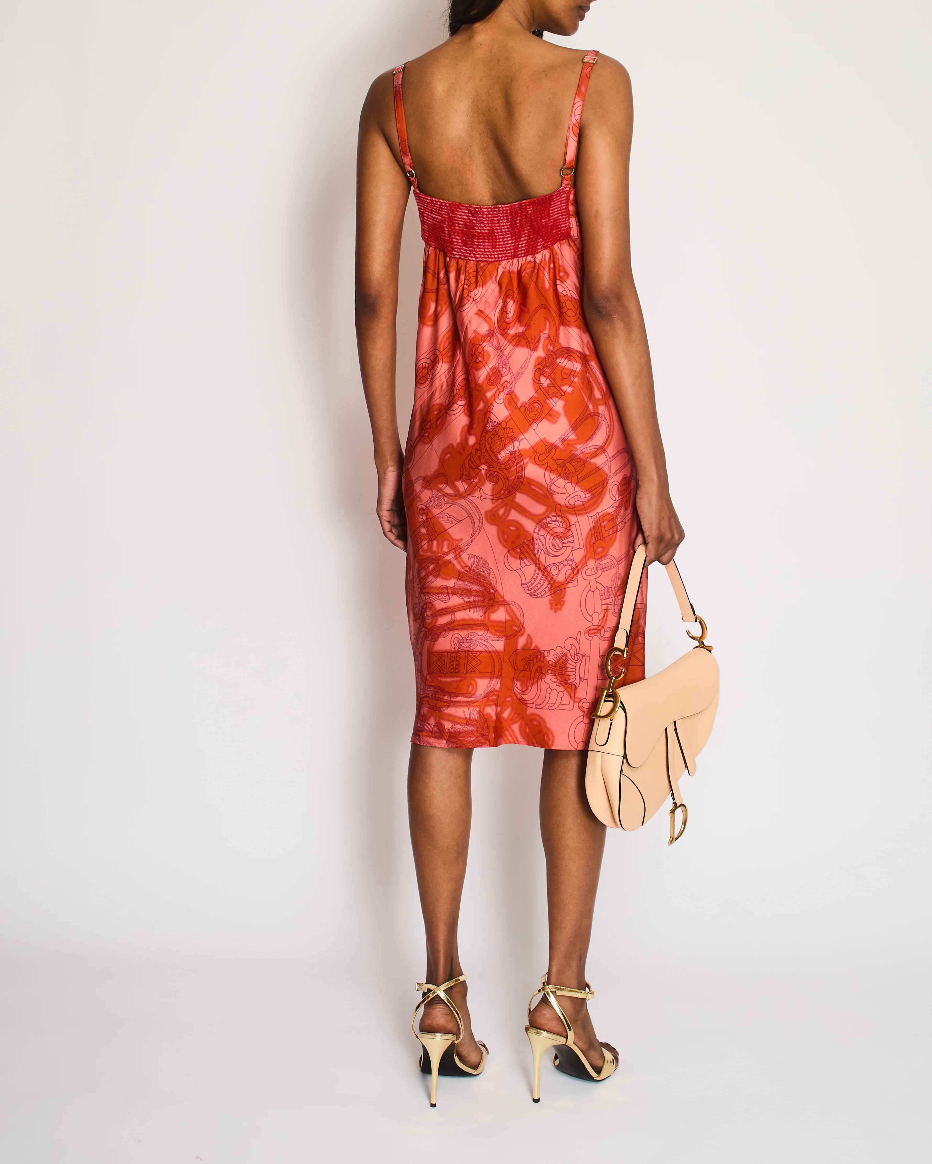 Hermès Orange and Pink Silk Midi Dress with Chain Link Print and Front Cut-Out Detail Size FR 38 (UK 10) - Image 3