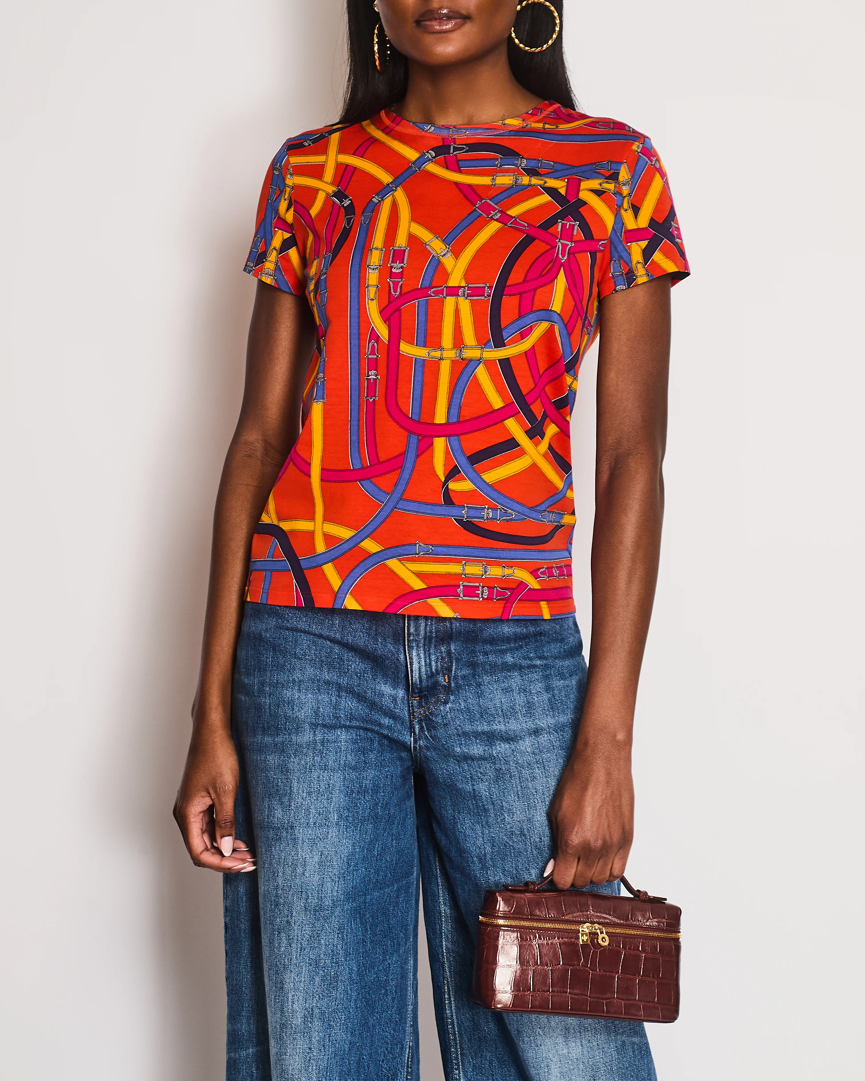 Hermes Orange T-Shirt with Multi-Coloured Belt and Buckle Print Size FR 38 (UK 10)