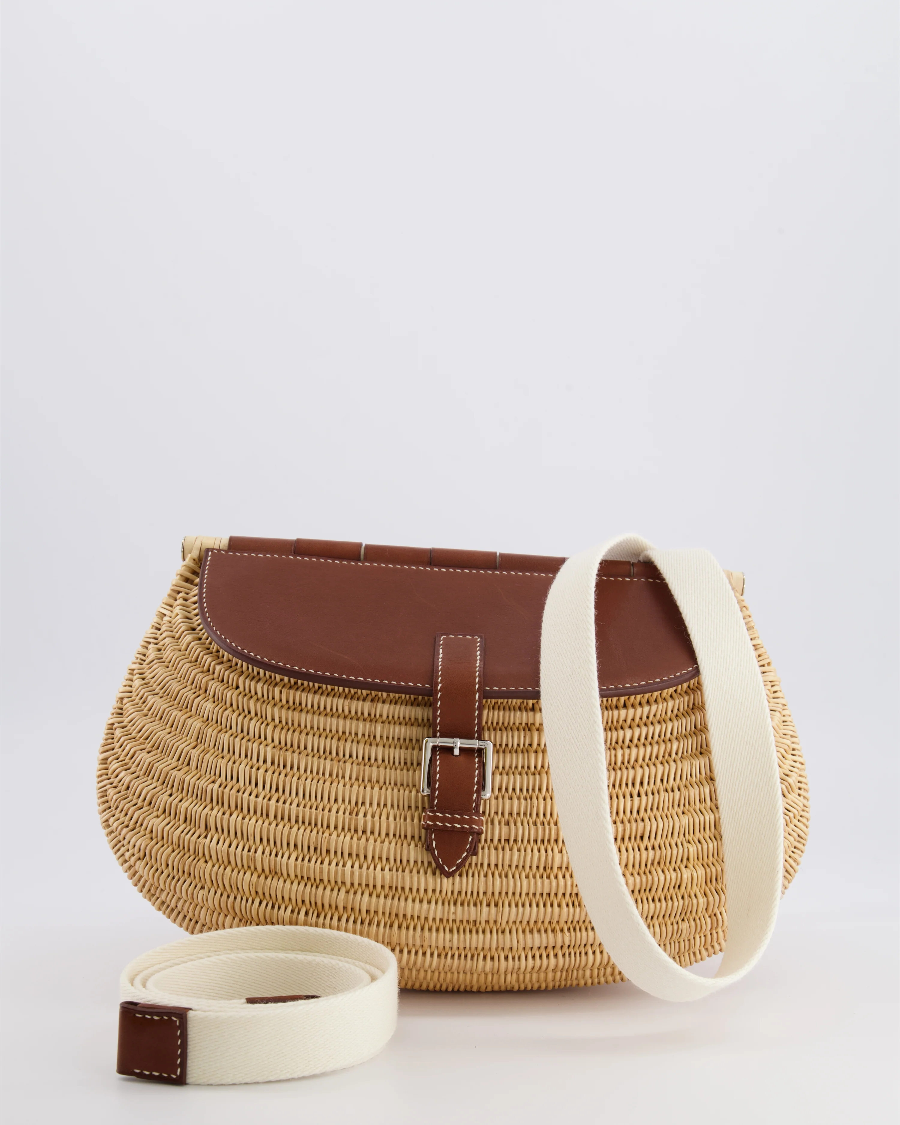 Hermès Panier de Pêche Wicker Bag in Osier, Gold Barenia Leather with Nata Canvas Strap and Palladium Hardware