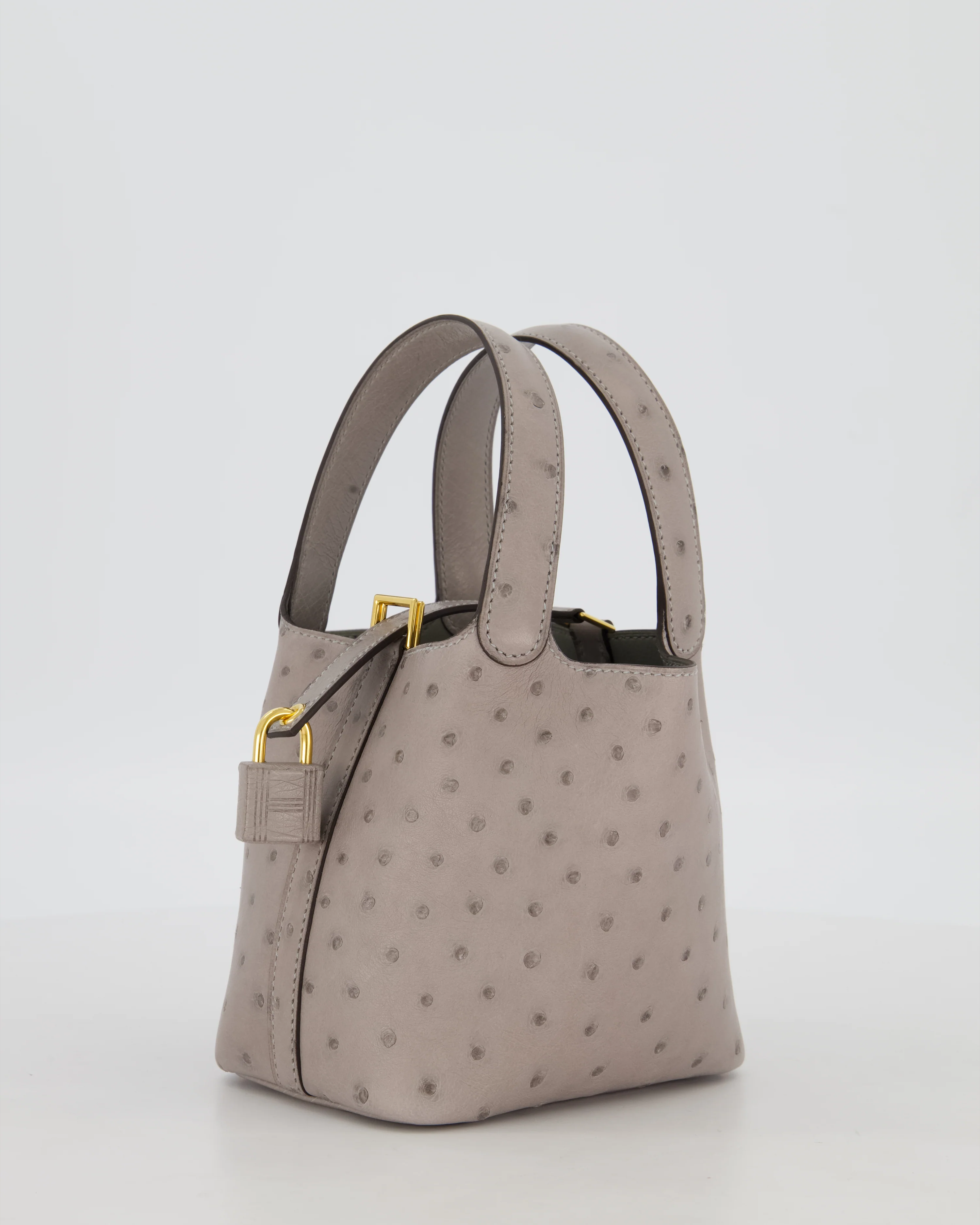 *HOT* Hermès Micro Picotin Lock Bag in Gris Mouette Ostrich Leather with Gold Hardware - Image 5