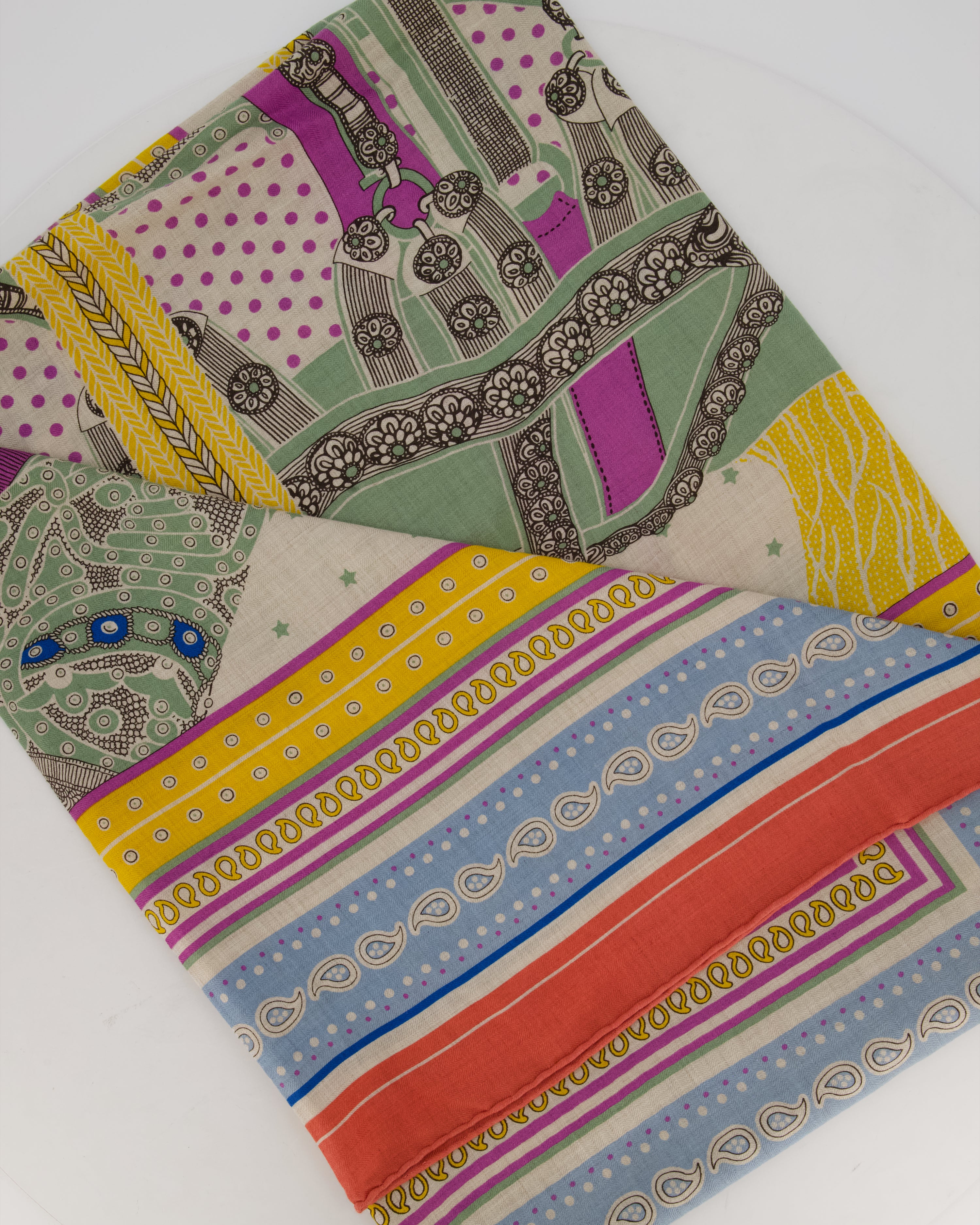Hermès Pink, Blue, and Yellow "Selle de Dignitaire" Cashmere and Silk Shawl - Image 2