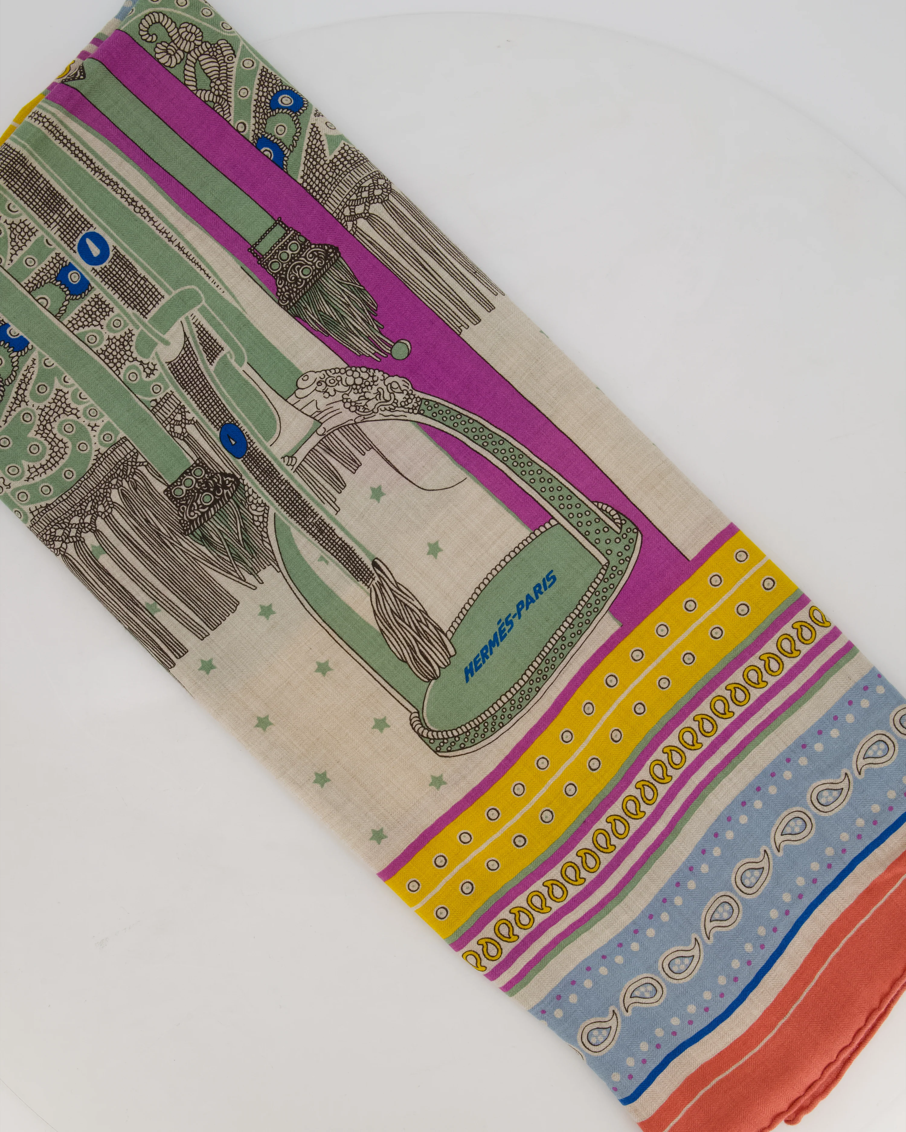 Hermès Pink, Blue, and Yellow "Selle de Dignitaire" Cashmere and Silk Shawl - Image 3