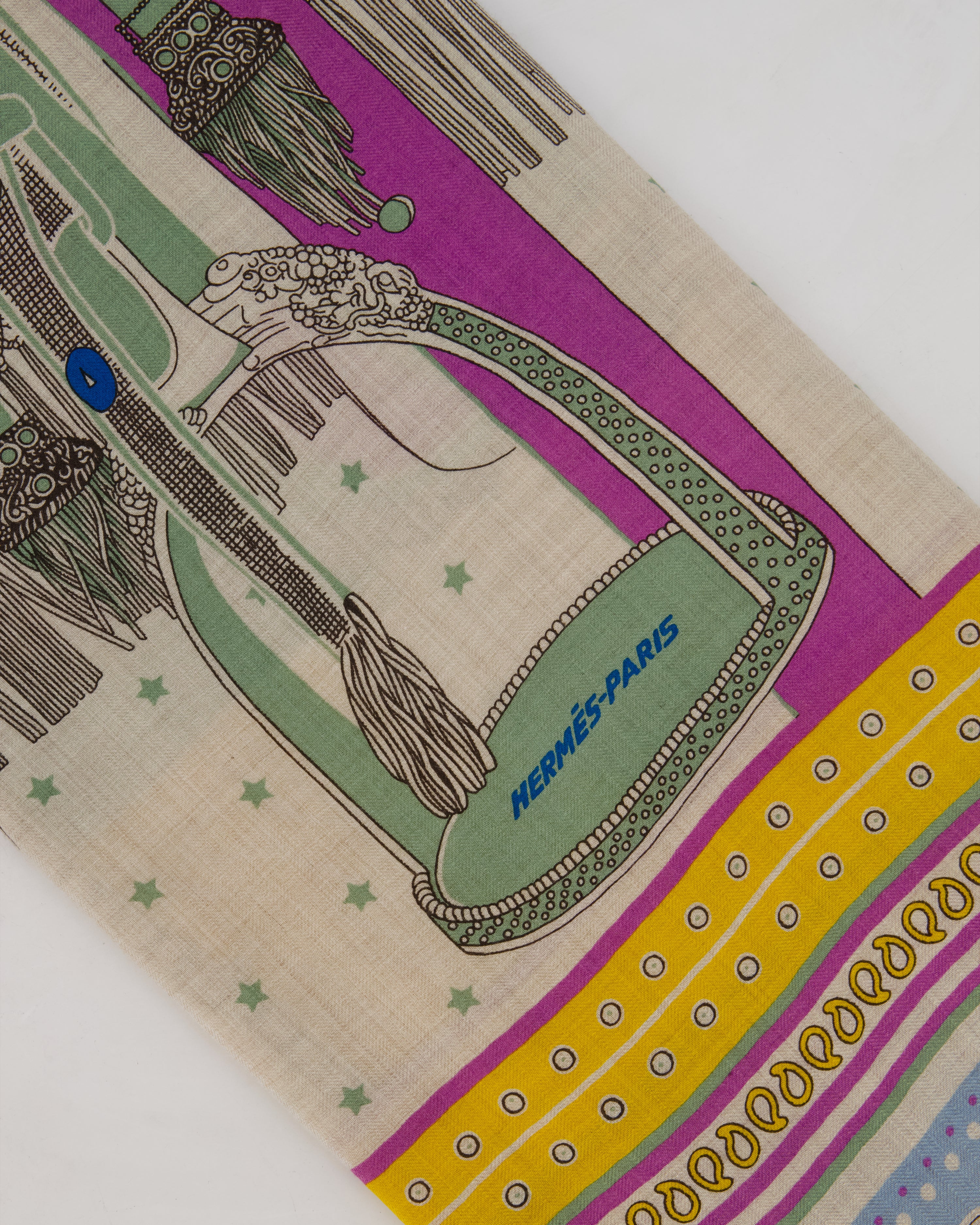 Hermès Pink, Blue, and Yellow "Selle de Dignitaire" Cashmere and Silk Shawl - Image 4