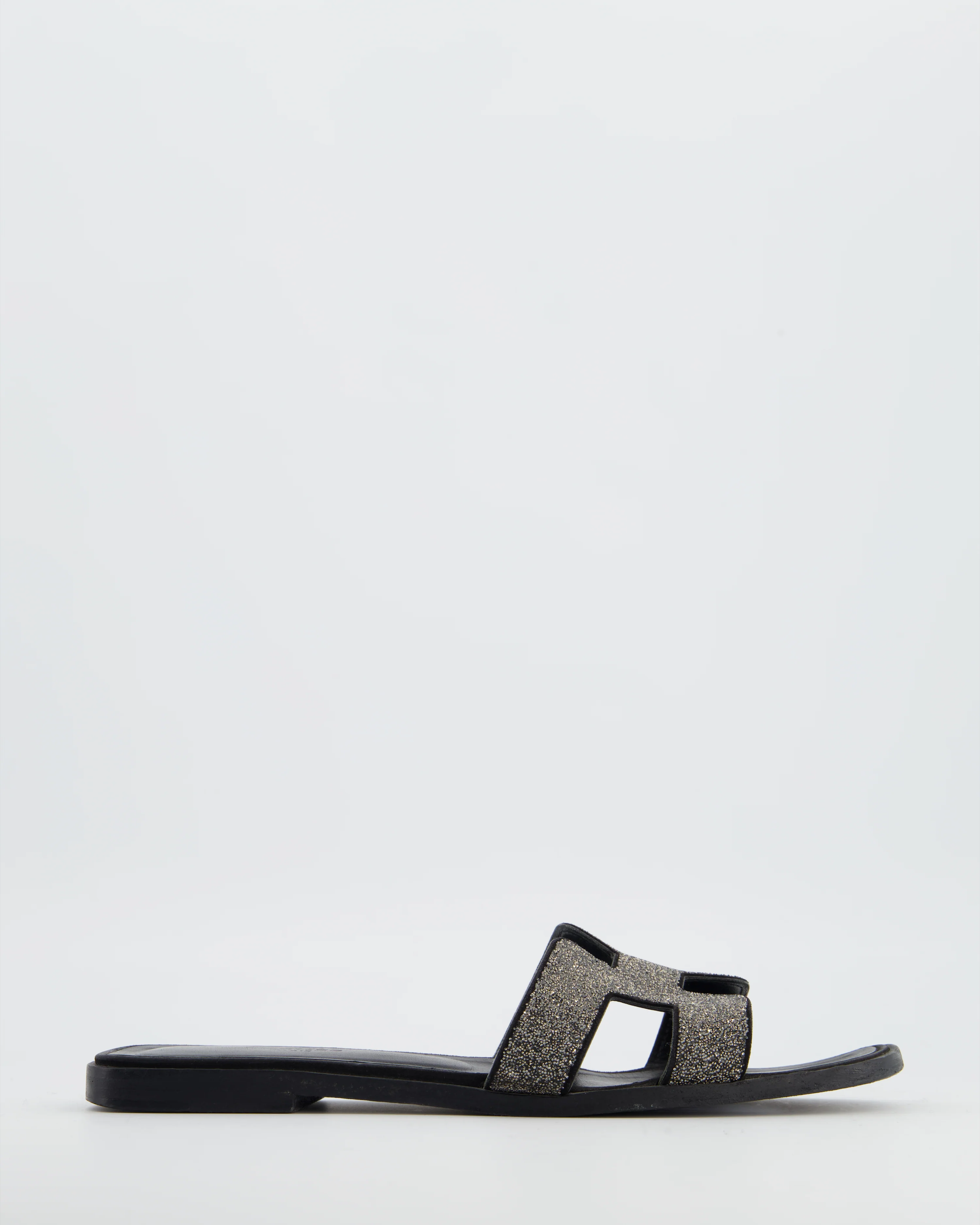 Hermès Black Oran Sandals Poudre de Cristal in Leather with glitter Details Size EU 38.5