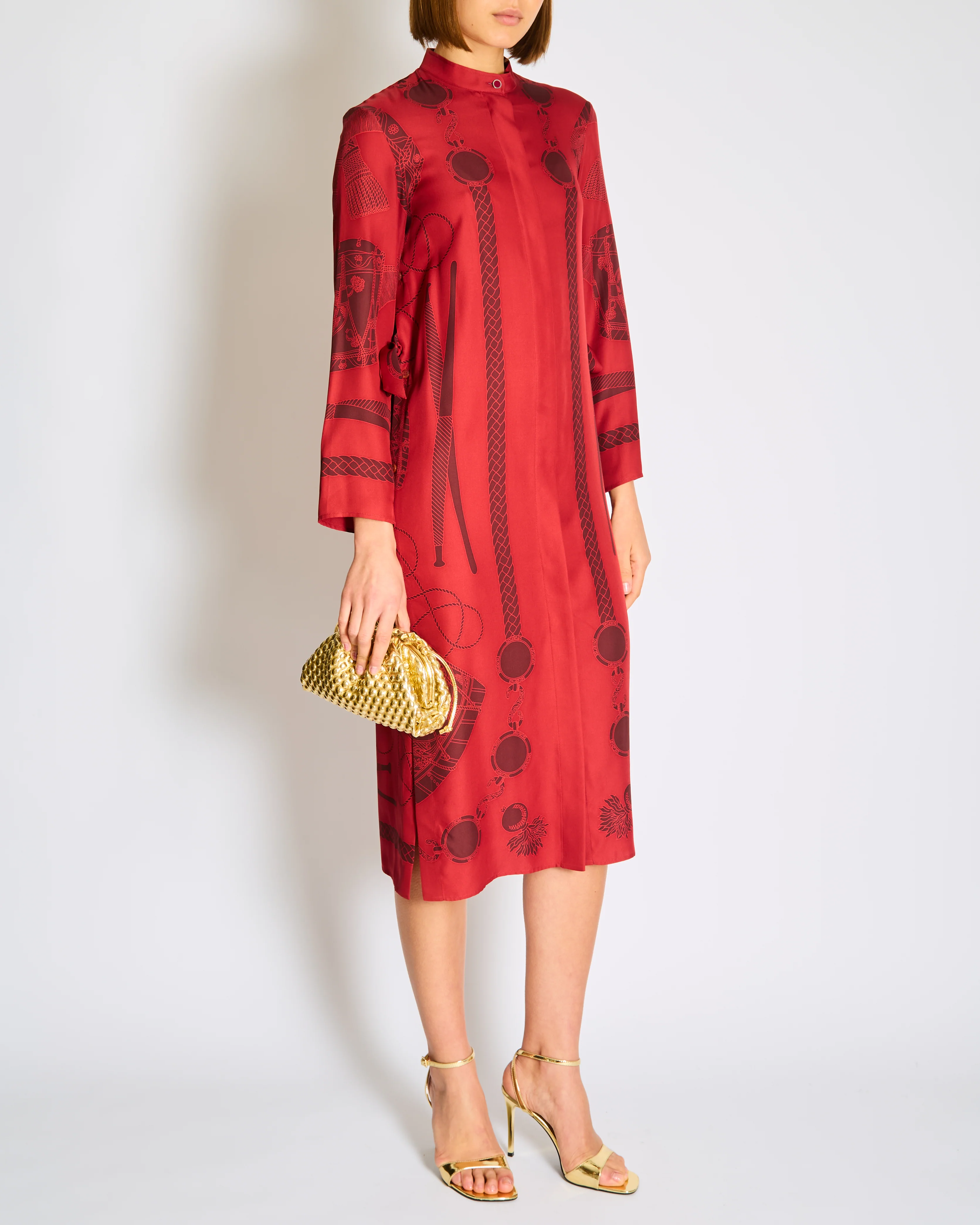 Hermès Red Silk Collarless Midi Dress with Mosaic Print Detail Size FR 34 (UK 6