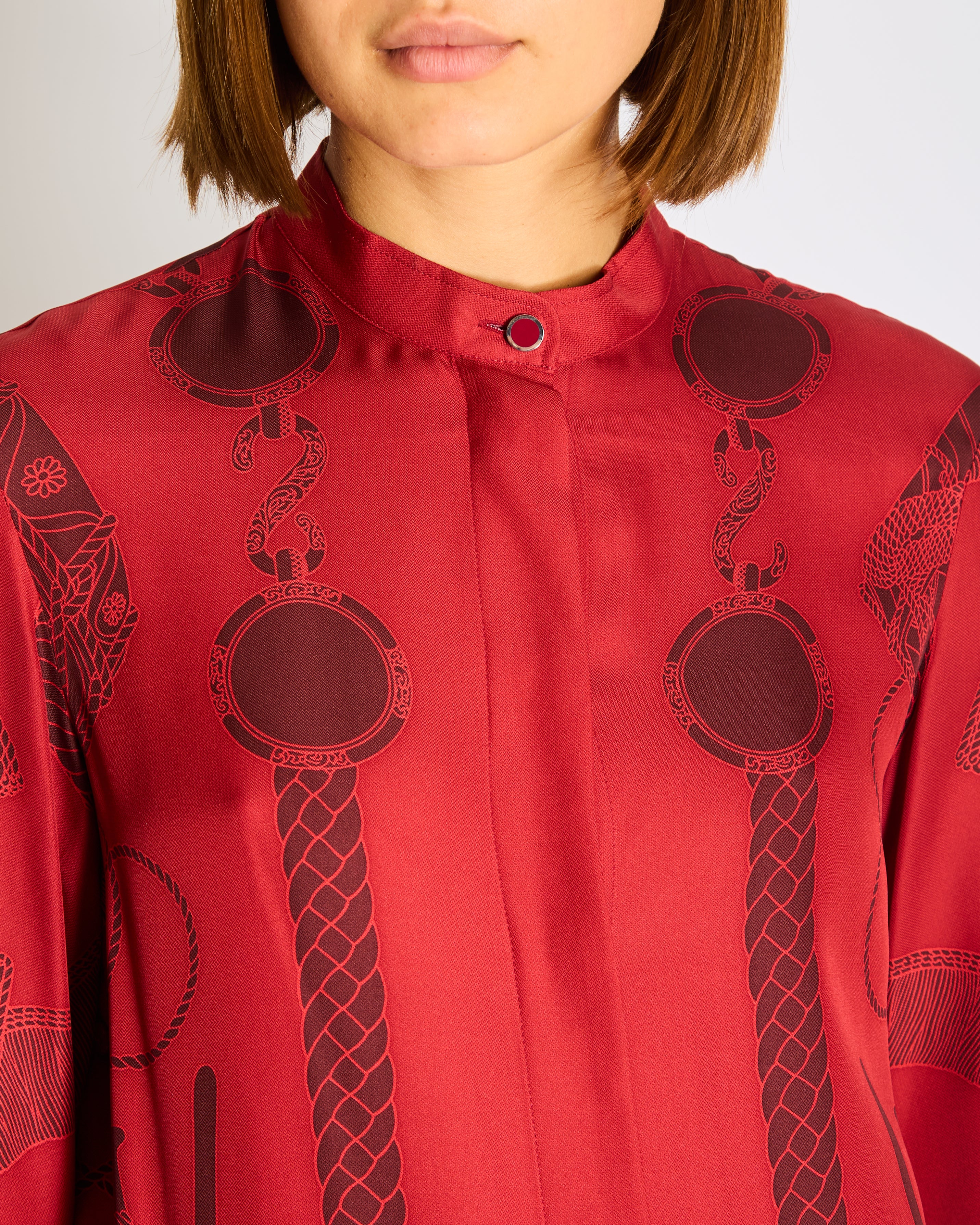 Hermès Red Silk Collarless Midi Dress with Mosaic Print Detail Size FR 34 (UK 6 - Image 2