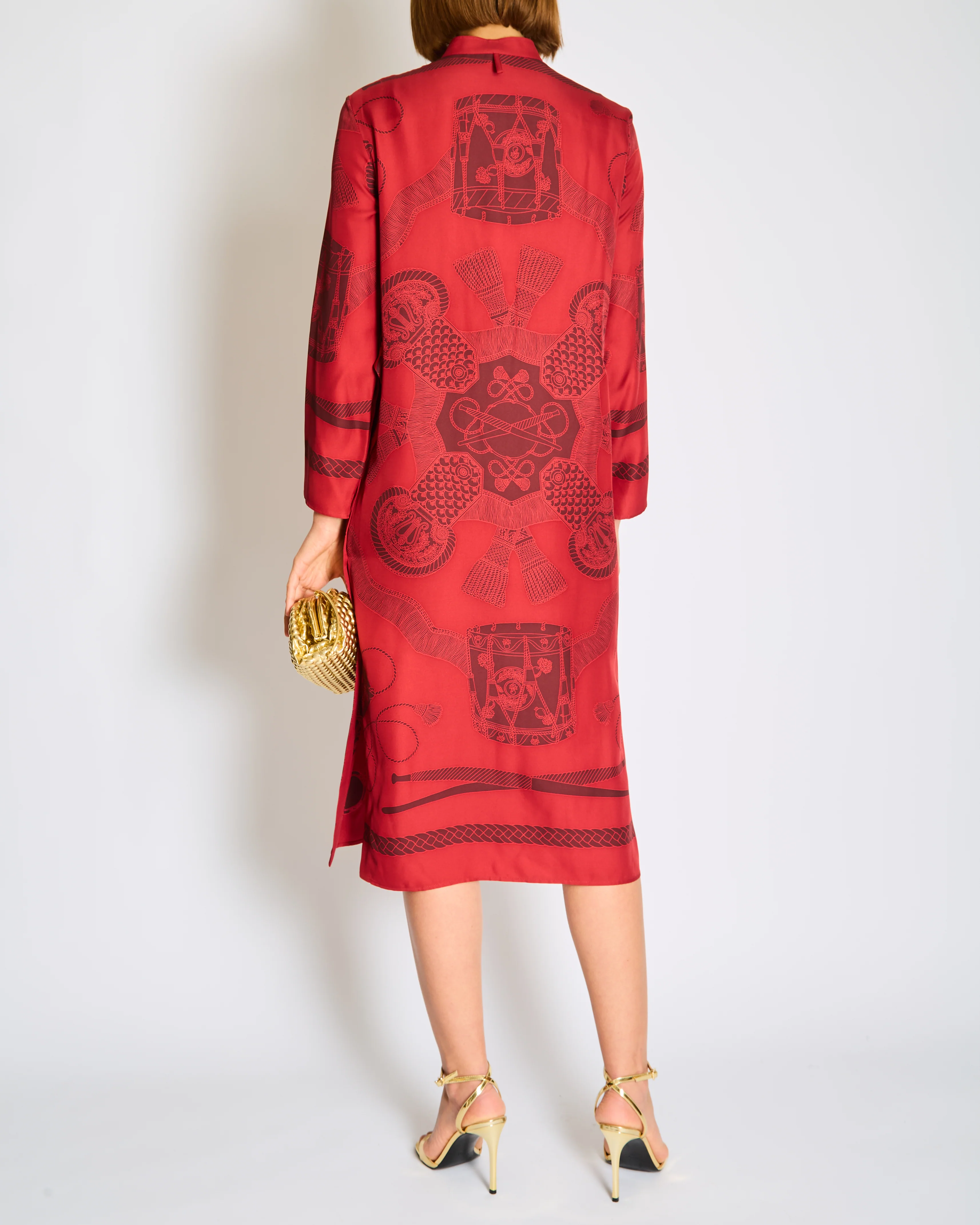 Hermès Red Silk Collarless Midi Dress with Mosaic Print Detail Size FR 34 (UK 6 - Image 4