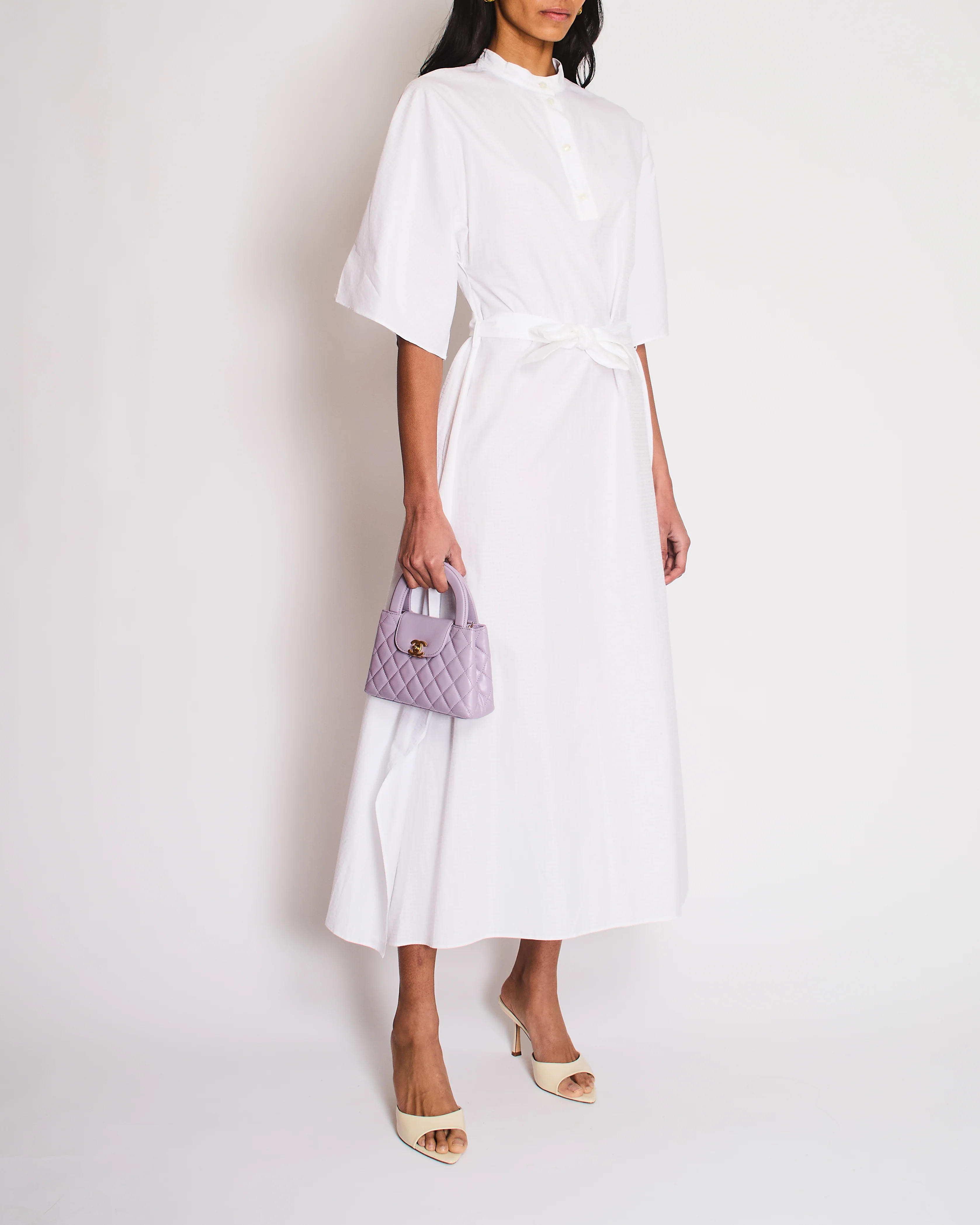 Hermes White Printed Midi Shirt Dress with Tie Belt Size FR 38 (UK 10)