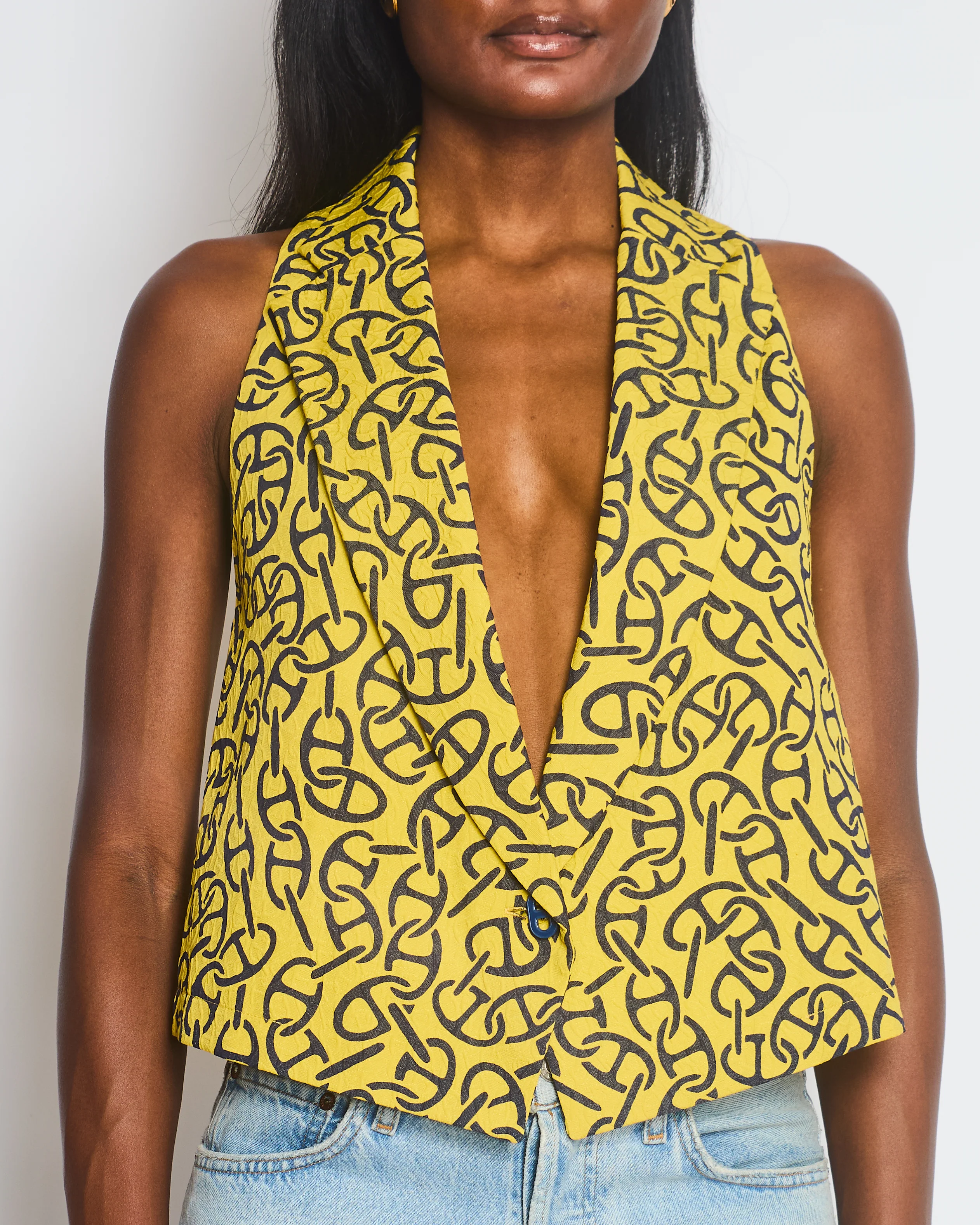 Hermès Yellow Waistcoat with Black Chaine d'Acre Pattern Size FR 36 (UK 8) - Image 2