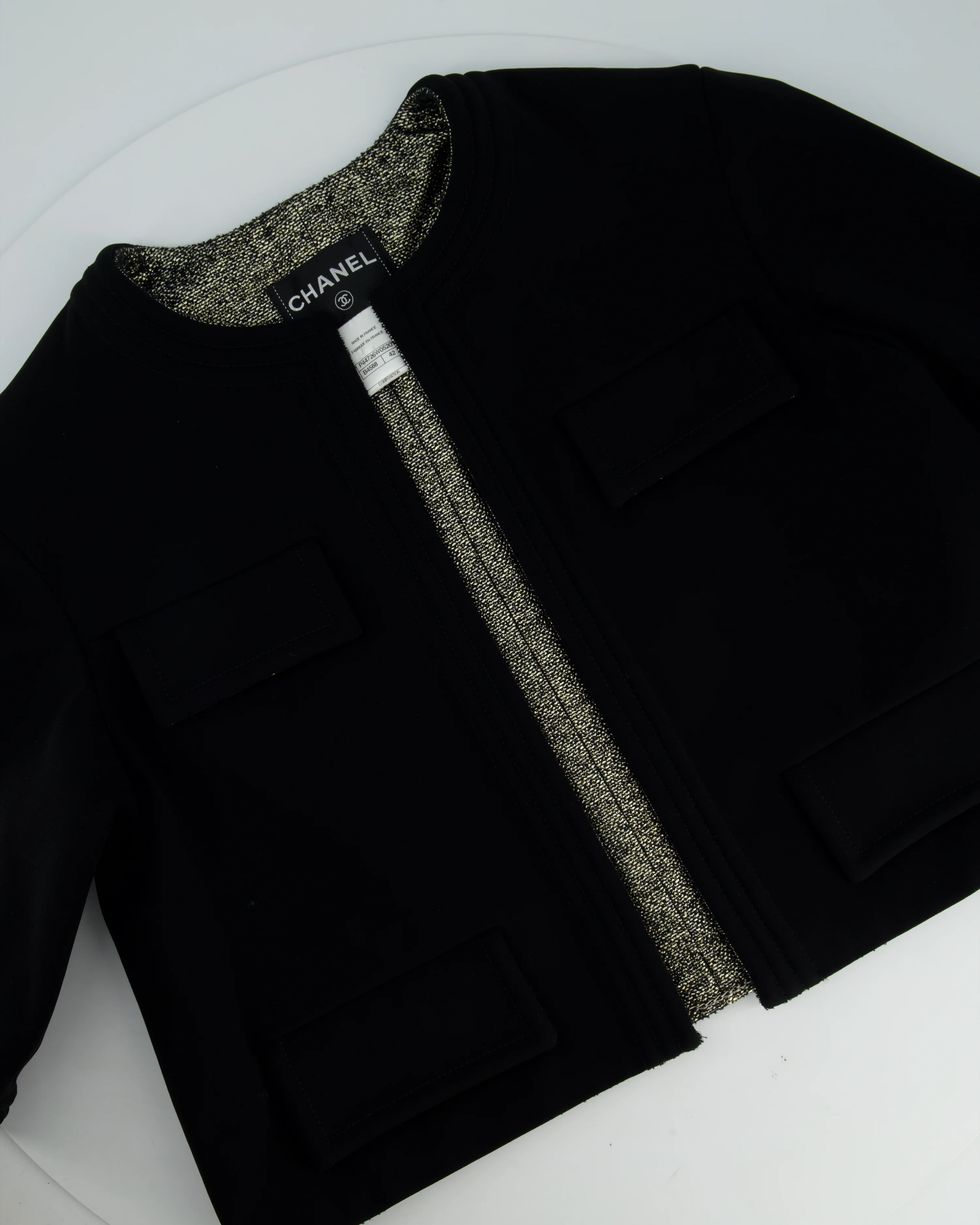 *HOT* Chanel 12/A Black and Silver Metallic Tweed Lined Pocket Jacket Size FR 42 (UK 14) - Image 4