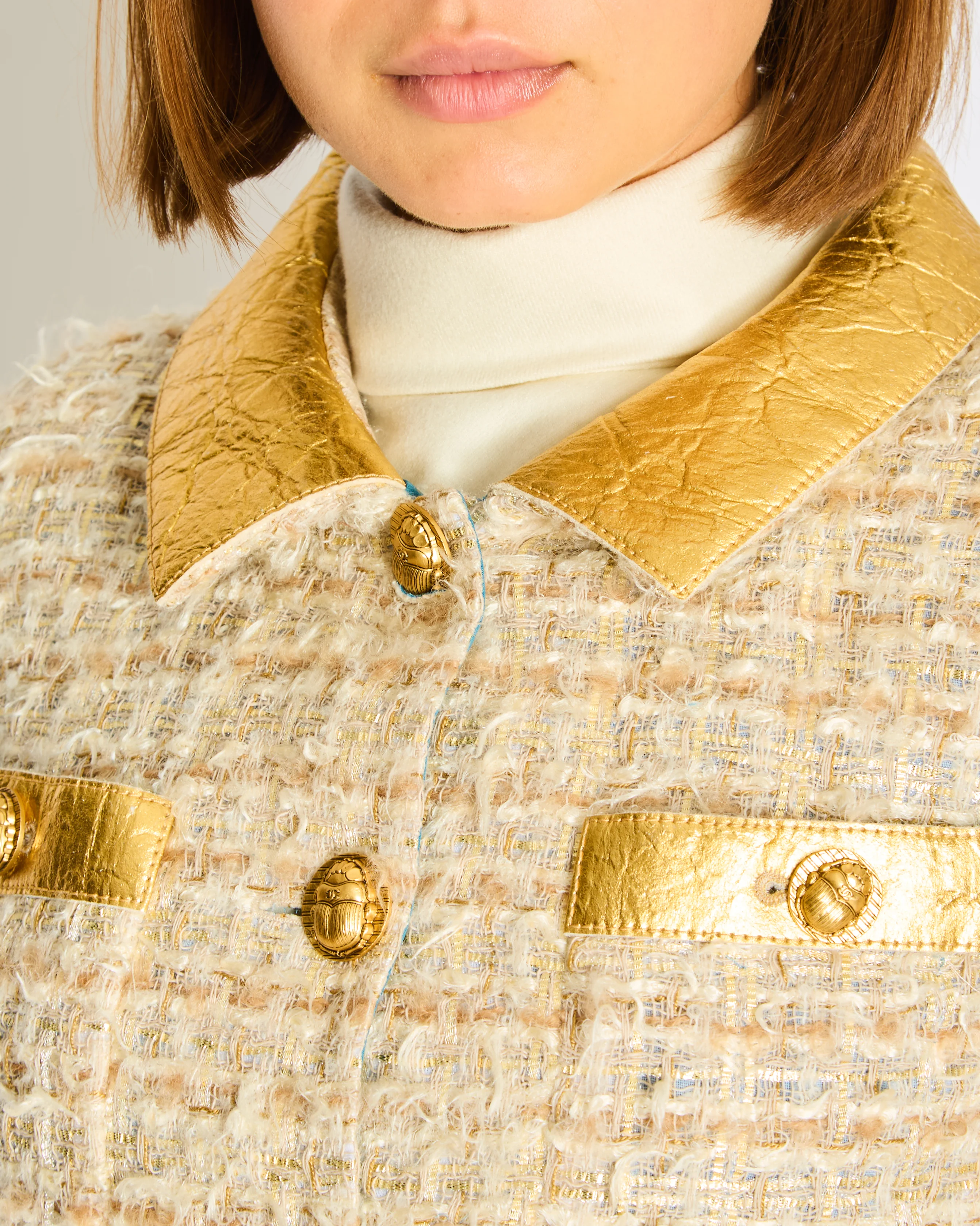 *HOT* Chanel 19F Egyptian Gold Pineapple and Beige Jacket with Antique Gold Buttons and Pockets Detailing Size FR 34 (UK 6) - Image 2
