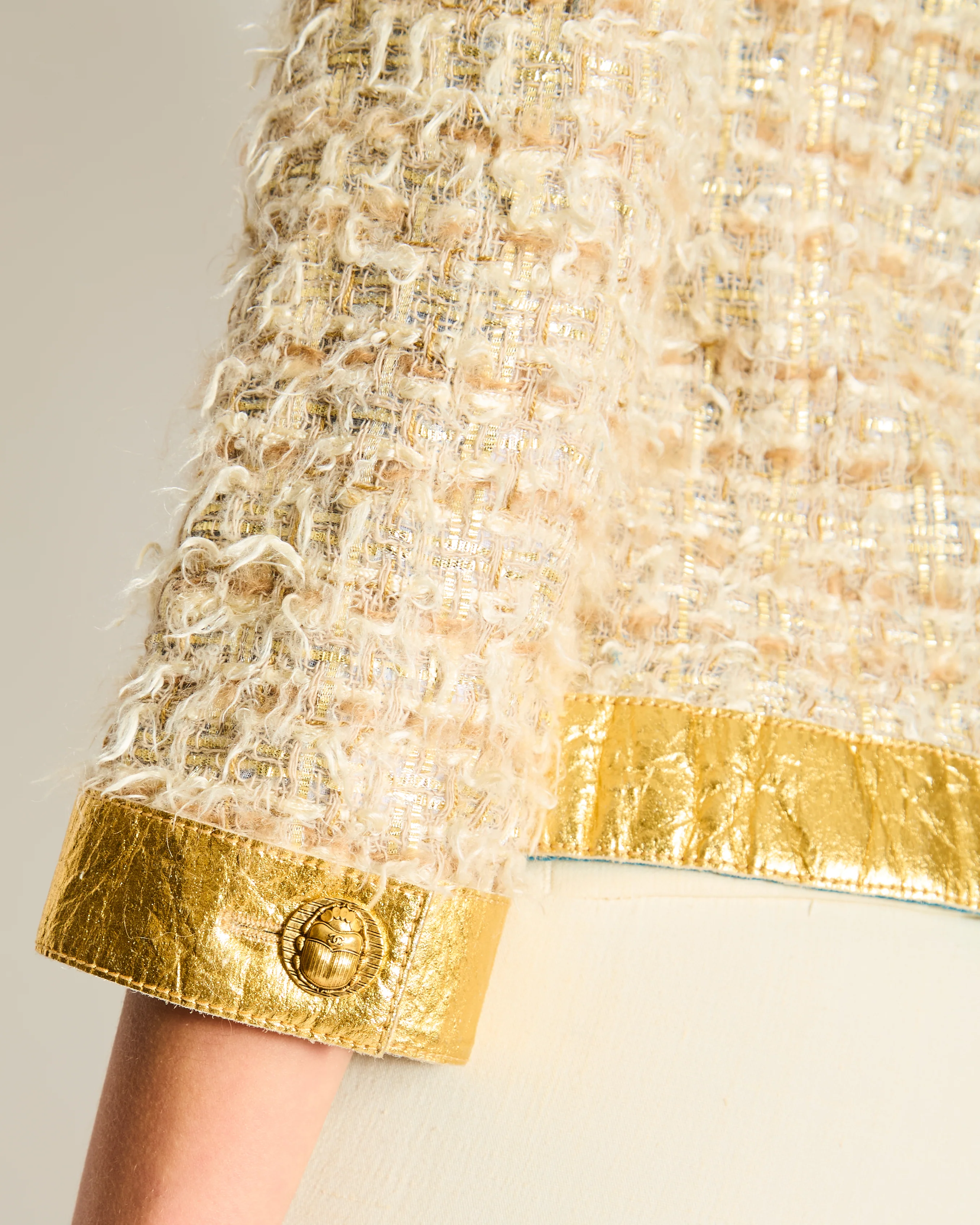 *HOT* Chanel 19F Egyptian Gold Pineapple and Beige Jacket with Antique Gold Buttons and Pockets Detailing Size FR 34 (UK 6) - Image 3
