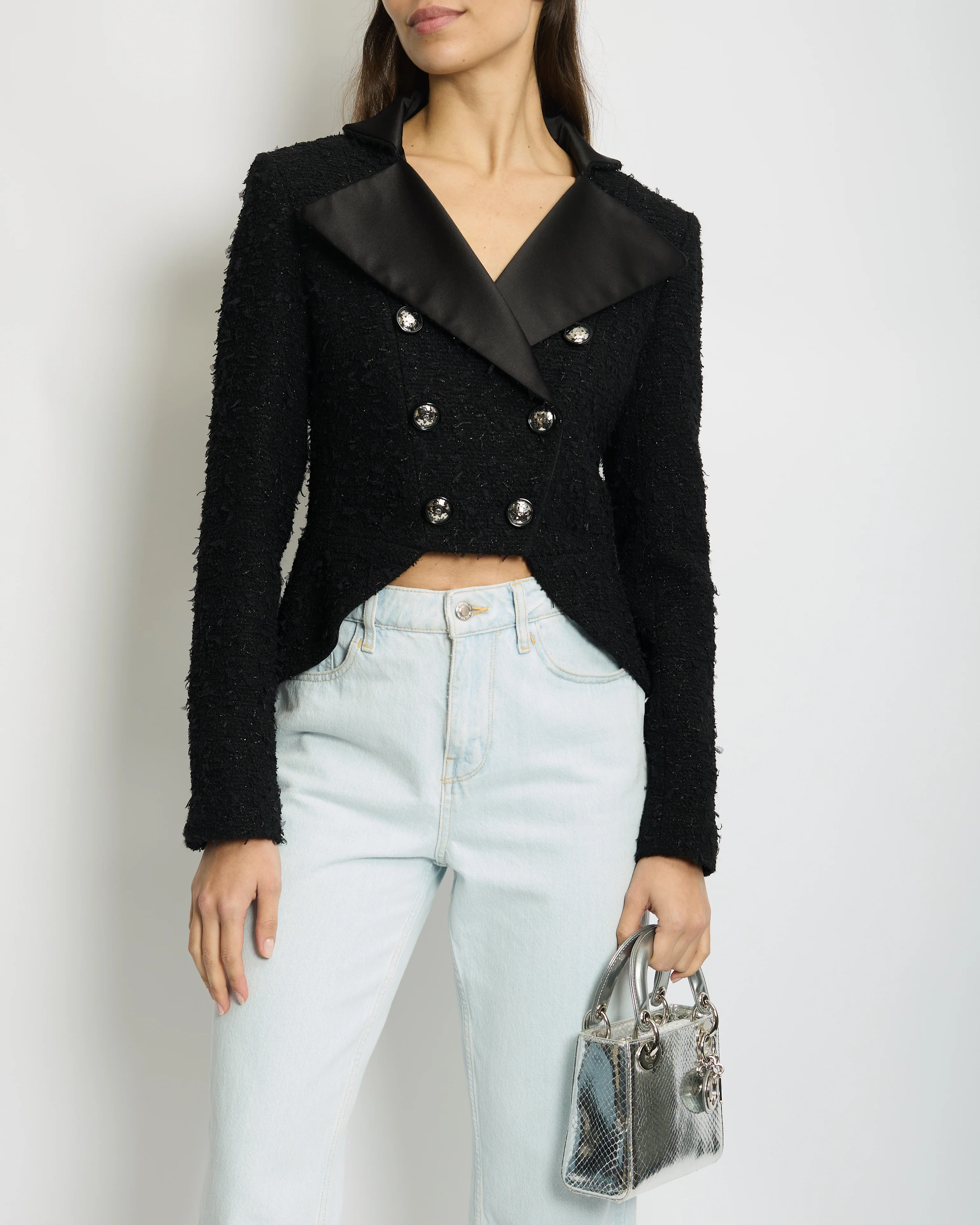 *HOT* Chanel 19/K Black Metallic Tweed Cropped Blazer with Satin Collar and Snowflake Buttons Details Size FR 38 (UK 10) RRP £5,800