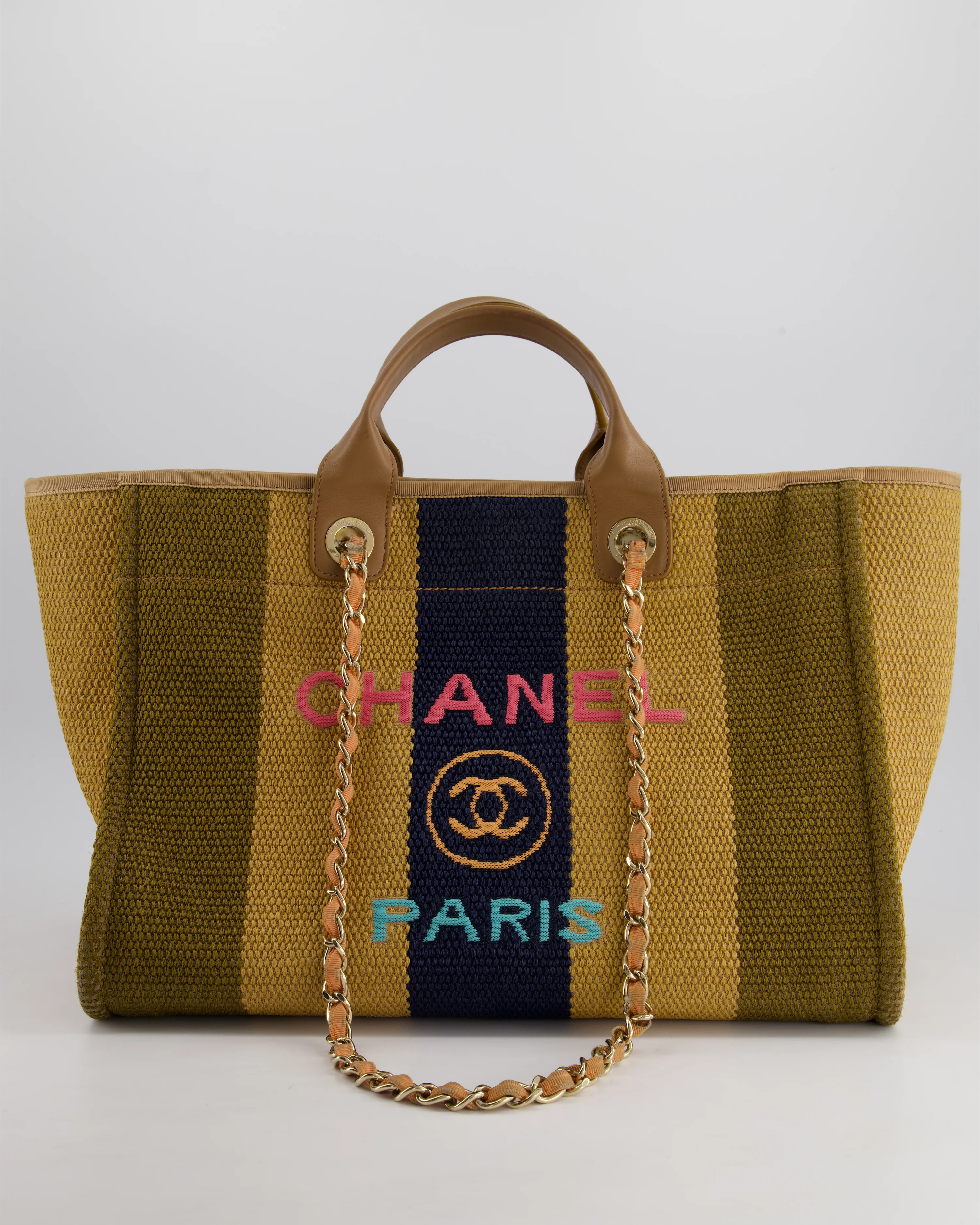 *HOT* Chanel Beige, Navy and Khaki Raffia Deauville Tote with Pastel Logo and Champagne Gold Hardware - Image 2
