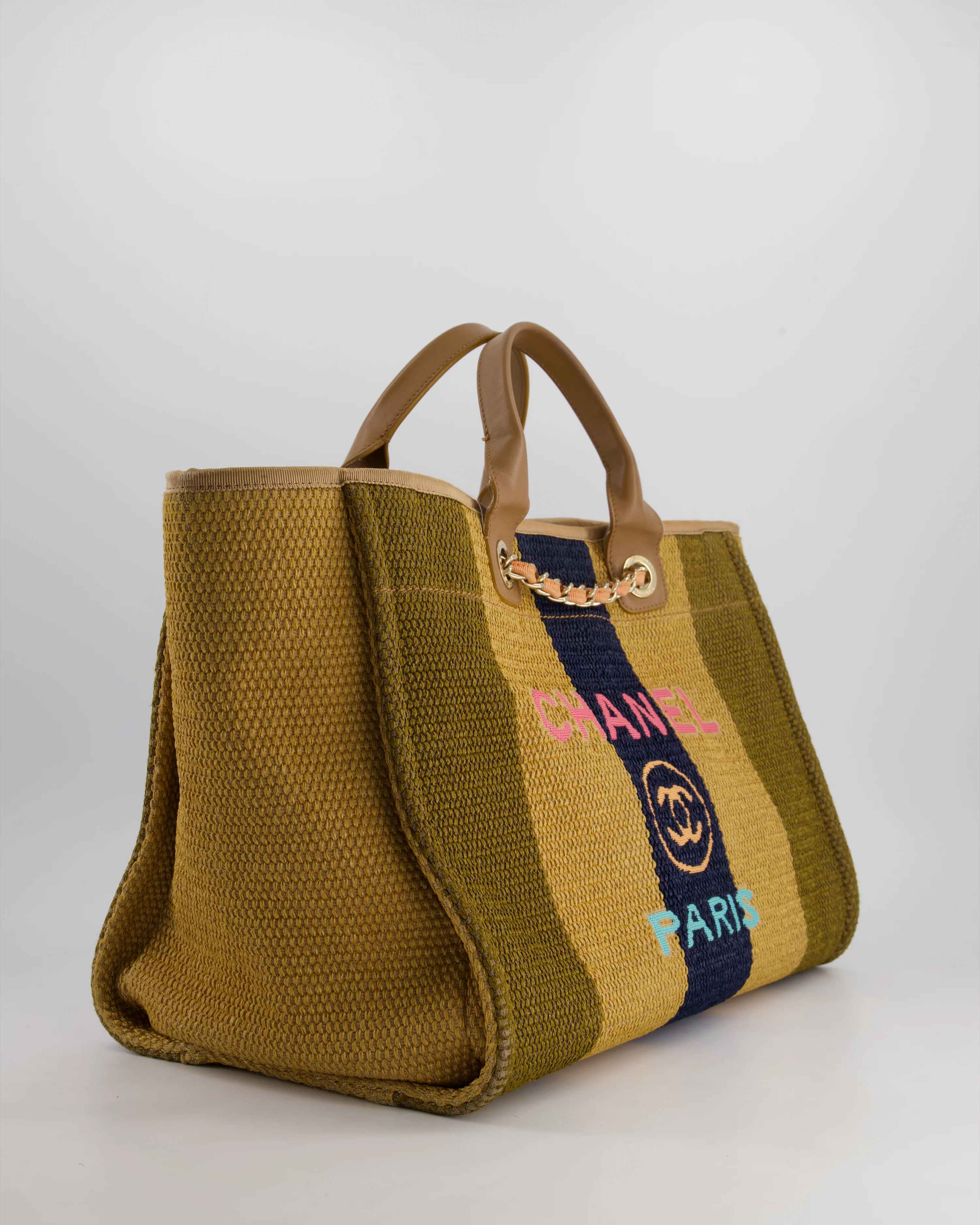 *HOT* Chanel Beige, Navy and Khaki Raffia Deauville Tote with Pastel Logo and Champagne Gold Hardware - Image 4