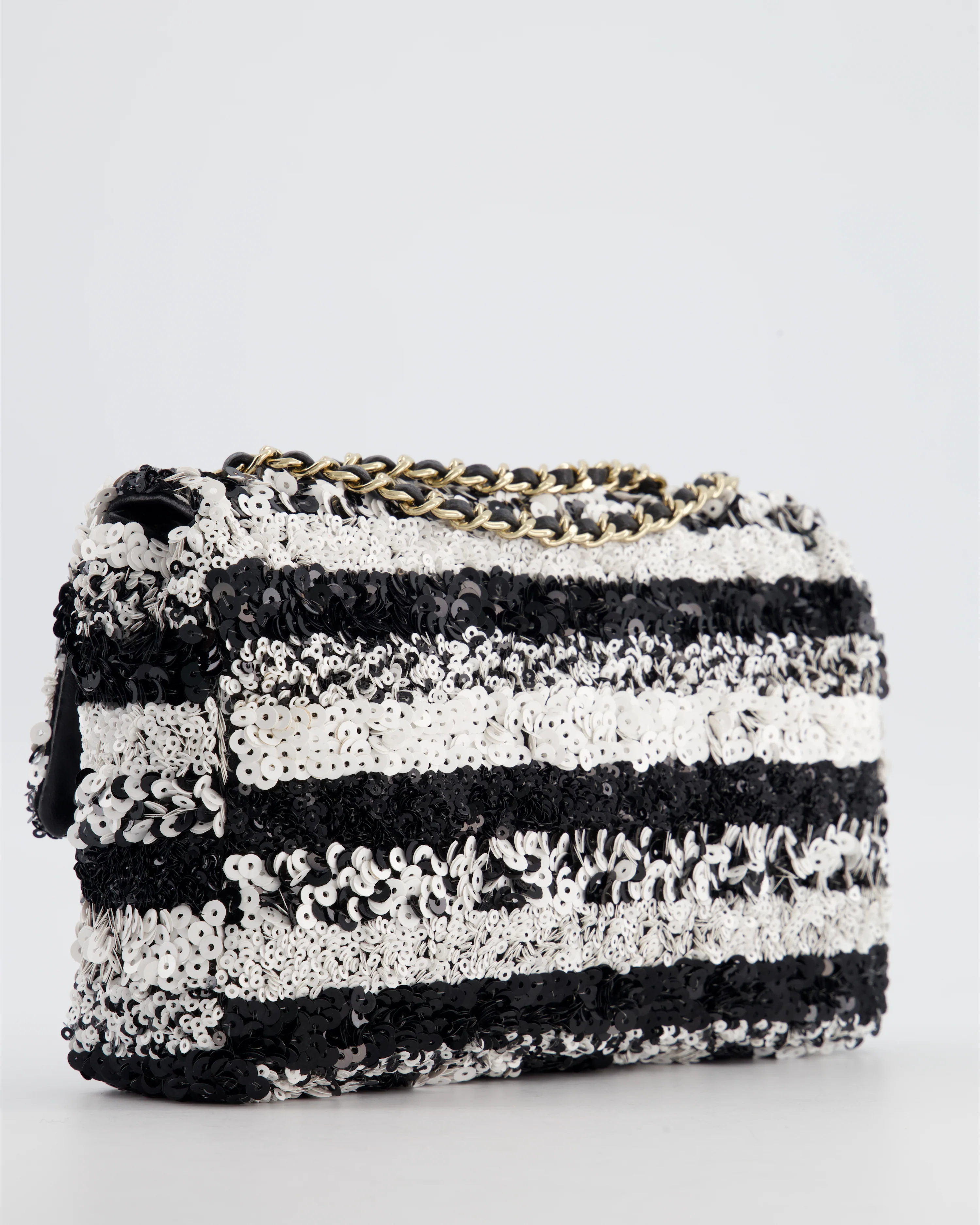 *HOT* Chanel Black and White Stripe Sequin Coco Mark Single Flap Bag with Champagne Gold Hardware - Image 15