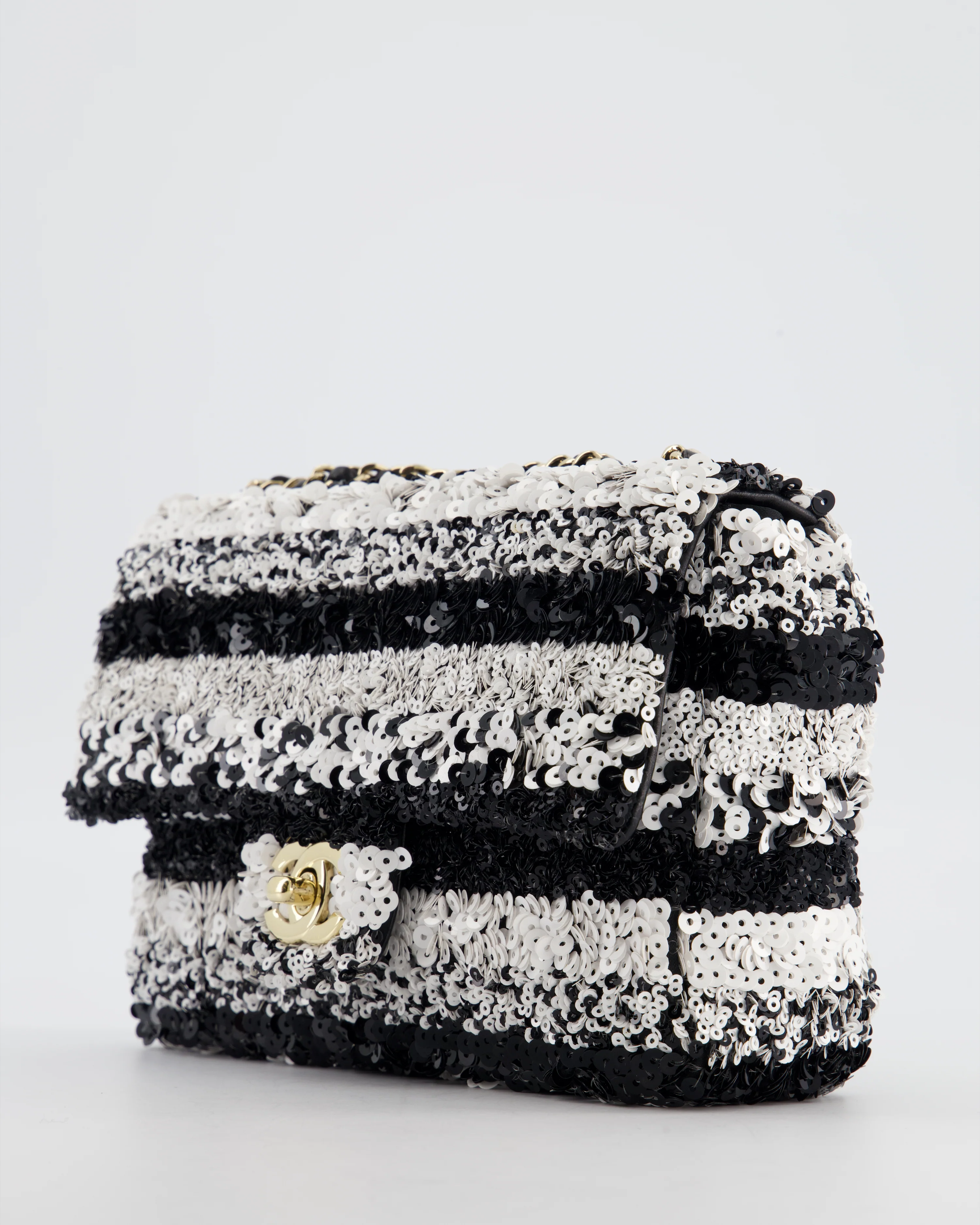 *HOT* Chanel Black and White Stripe Sequin Coco Mark Single Flap Bag with Champagne Gold Hardware - Image 16